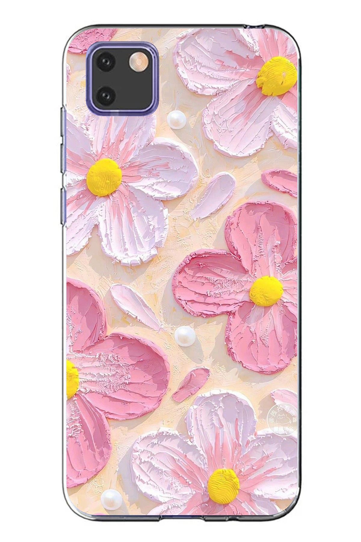 TechTree Huawei Y5P Uyumlu Pembe Beyaz Çiçekler Sulu Boya Şeffaf Silikon Kılıf