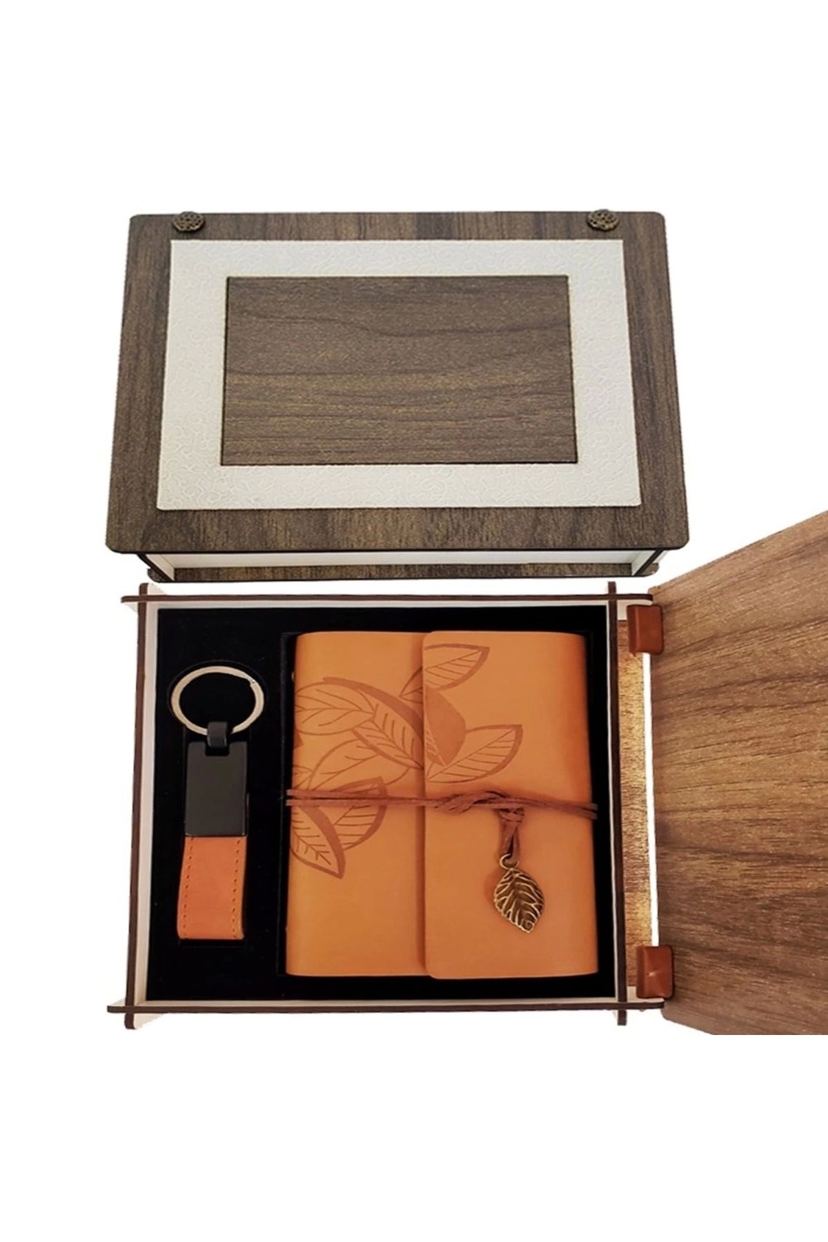 PRATİKOBA Özel Ahşap Kutulu Taba Deri Defter Ve Anahtarlık Set