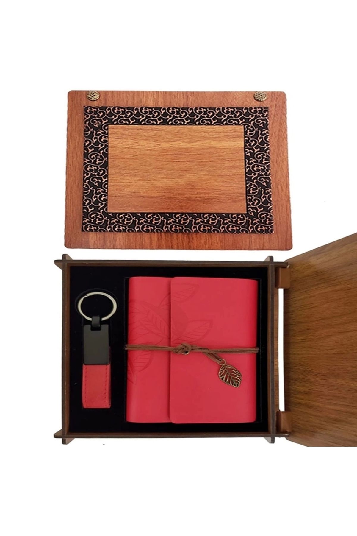 PRATİKOBA Ahşap Kutulu Kırmızı Deri Defter Ve Anahtarlık Set