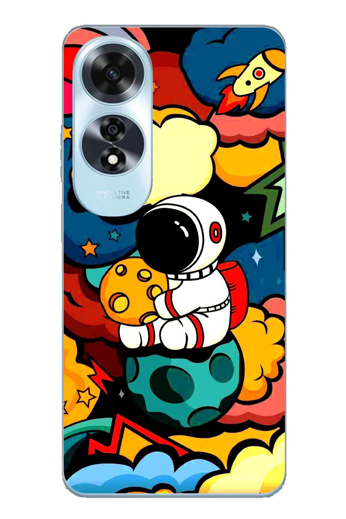 TechTree OPPO A60 Uyumlu Renkli Astronot Tasarımlı Şeffaf Silikon Kılıf