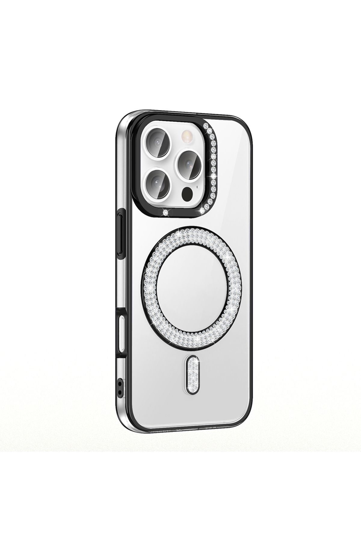 Strap U Apple iPhone 16 Pro Max Kılıf Pırlanta Taş Tasarımlı M-safe Şarj Özellikli Karetta Silikon Kapak