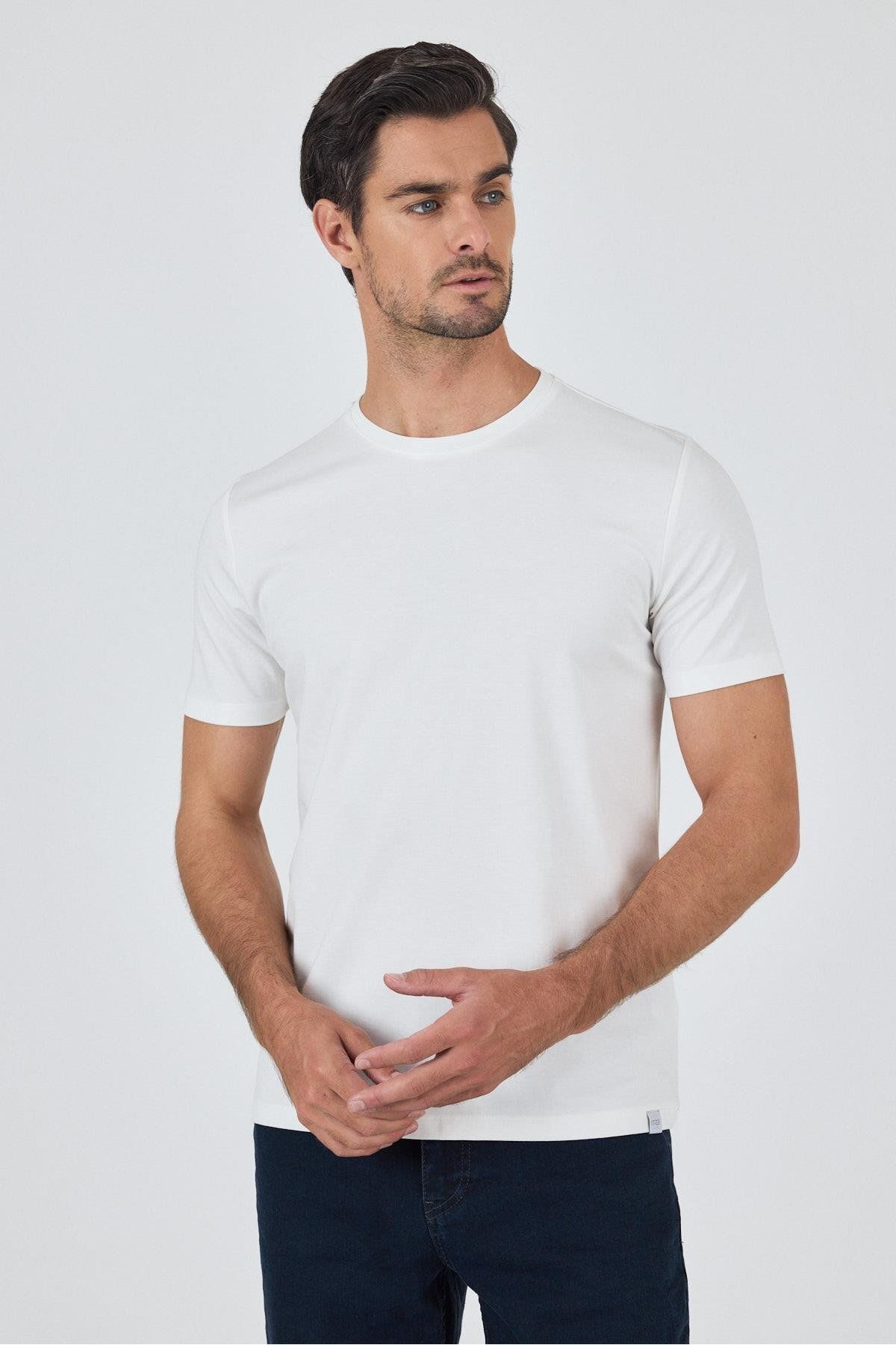 İmza Beyaz Kısa Kol Bisiklet Yaka Cepsiz Pamuklu Casual Slim Fit Tişört 1011250165