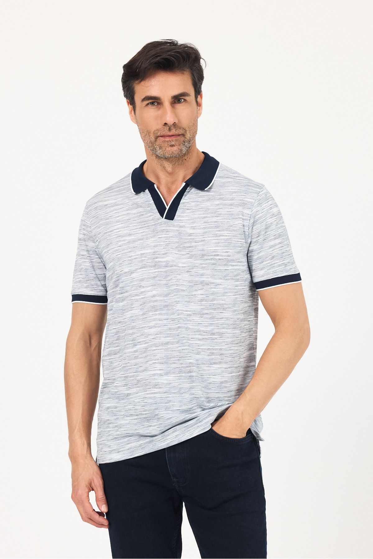 ENQUE Erkek Basic Düğmesiz Kıvrılmaz Polo Yaka Pamuklu Desenli Slim Fit Tişört