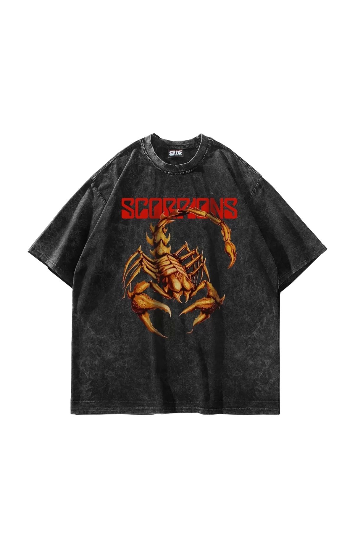 Bak Moda Scorpion Baskılı Oversize Unisex Yıkamalı Siyah Tshirt
