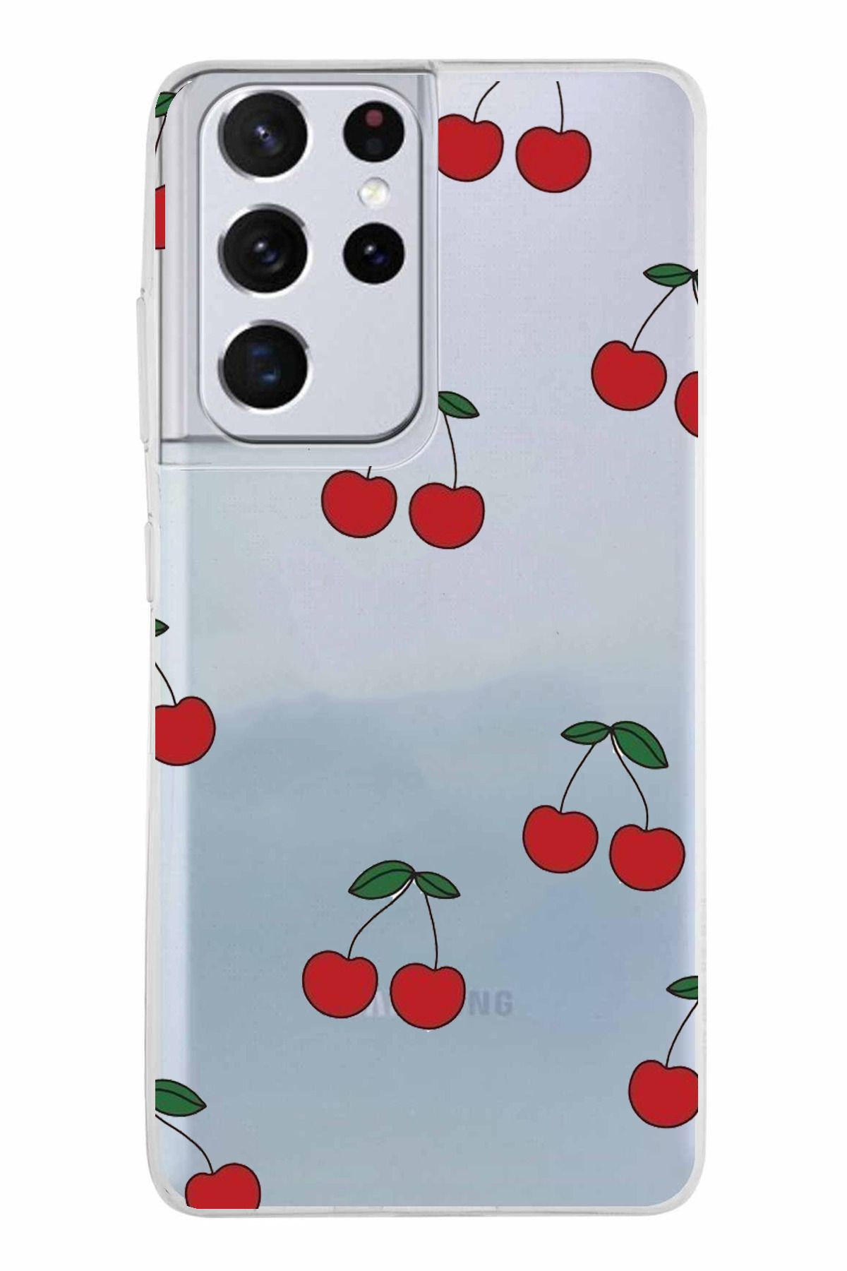 TechTree Samsung Galaxy S21 ULTRA Uyumlu Kirazlar Tasarımlı Şeffaf Silikon Kılıf