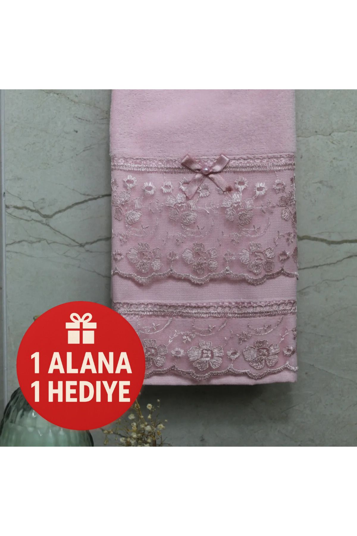 Lobya Tirna Bir Alana Bir Hediye Pembe Çiçekli Fiyonklu El Havlusu (50 X 90)