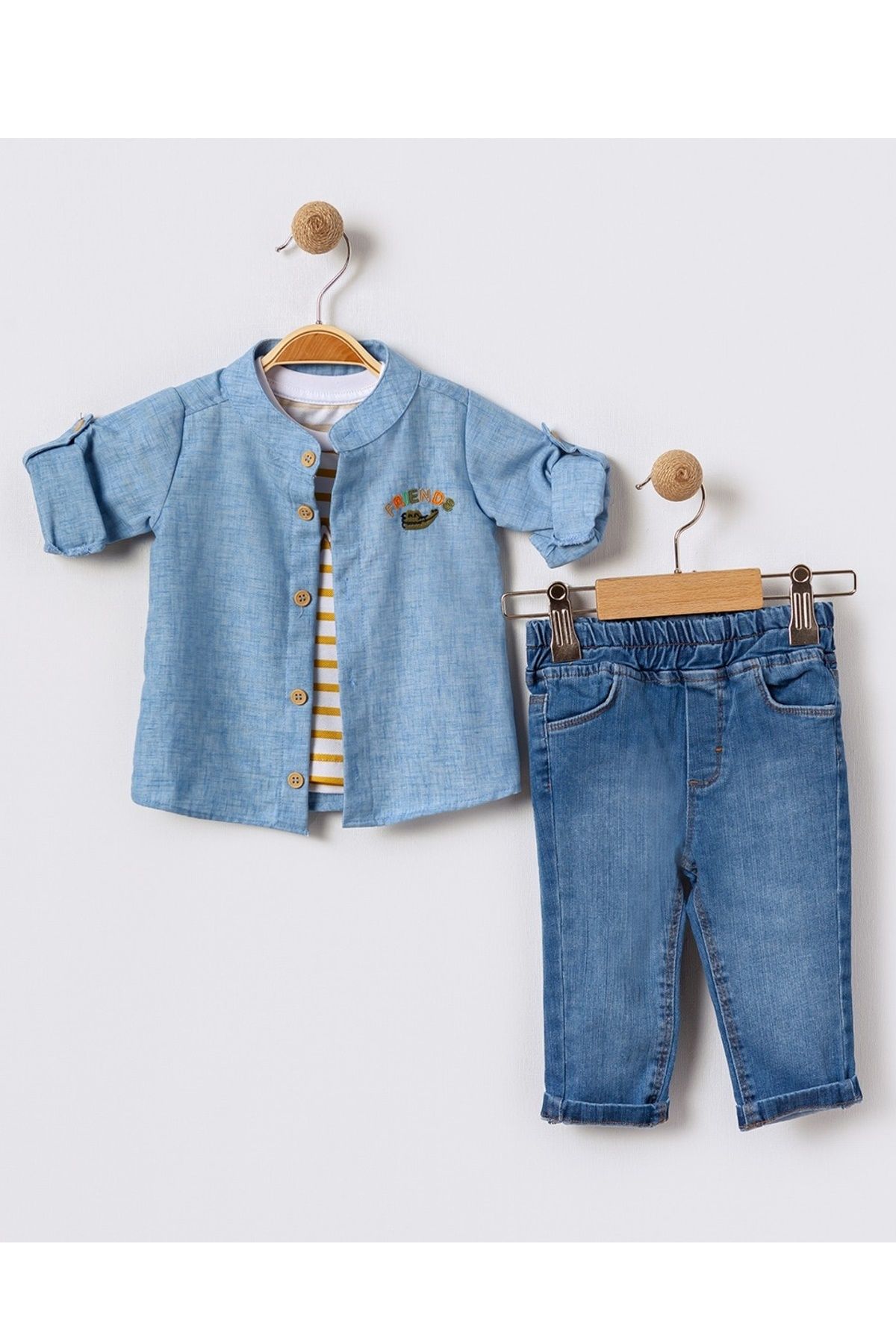 Bebüş Erkek Bebek Keten Gömlek Çizgili T-Shirt ve Kot Pantolonlu 3’lü Yazlık Takım 15862
