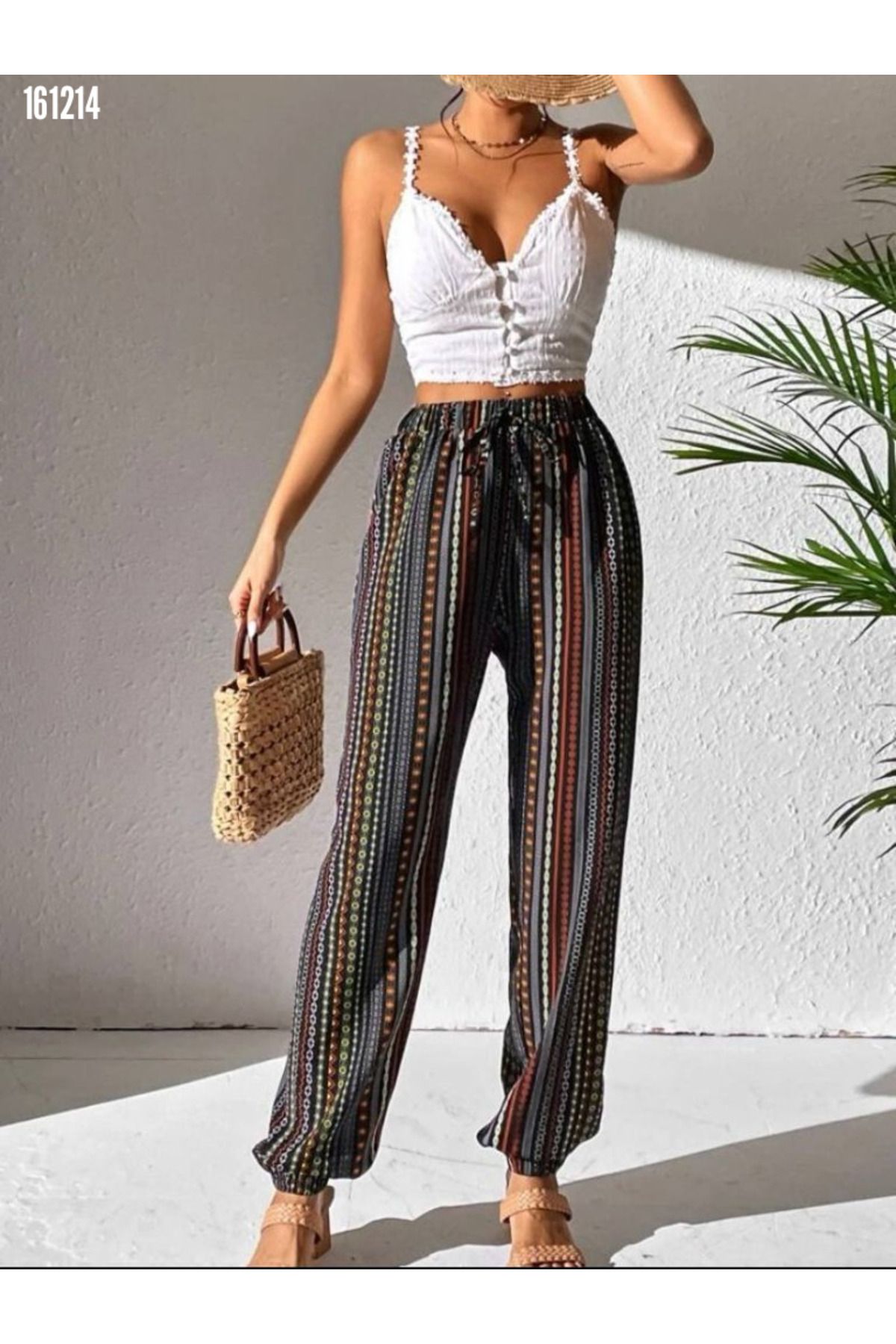 Kokosh moda Kadın Etnik Desenli Lastik Detaylı Salaş Pantolon