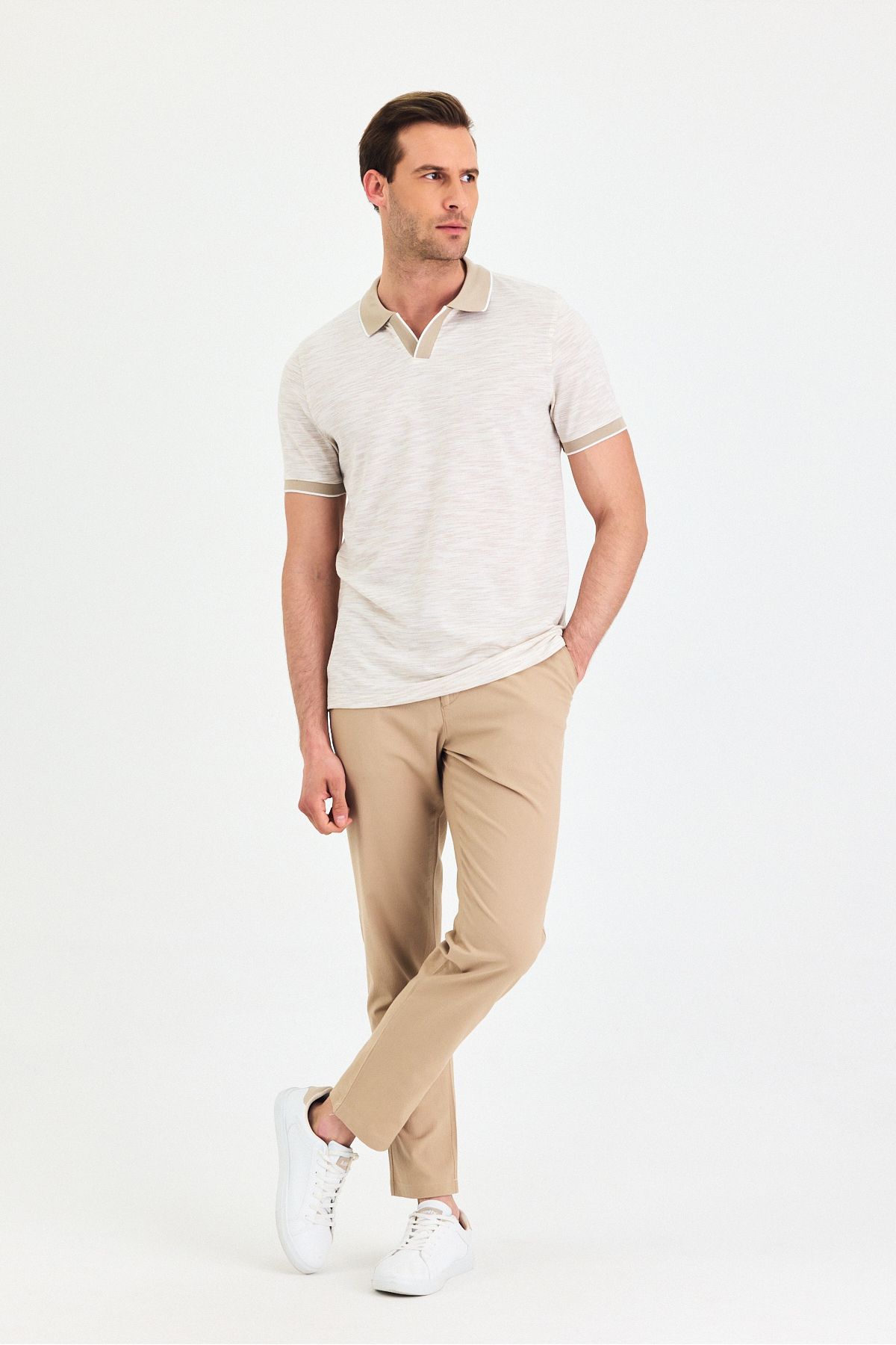 ENQUE Erkek Basic Düğmesiz Kıvrılmaz Polo Yaka Pamuklu Desenli Slim Fit Tişört