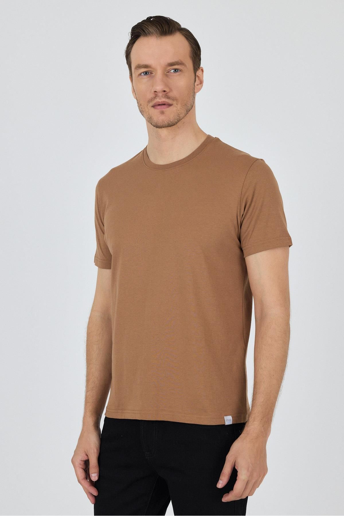 İmza Sütlü Kahverengi Kısa Kol Bisiklet Yaka Cepsiz Pamuk Casual Slim Fit Tişört 1011250158