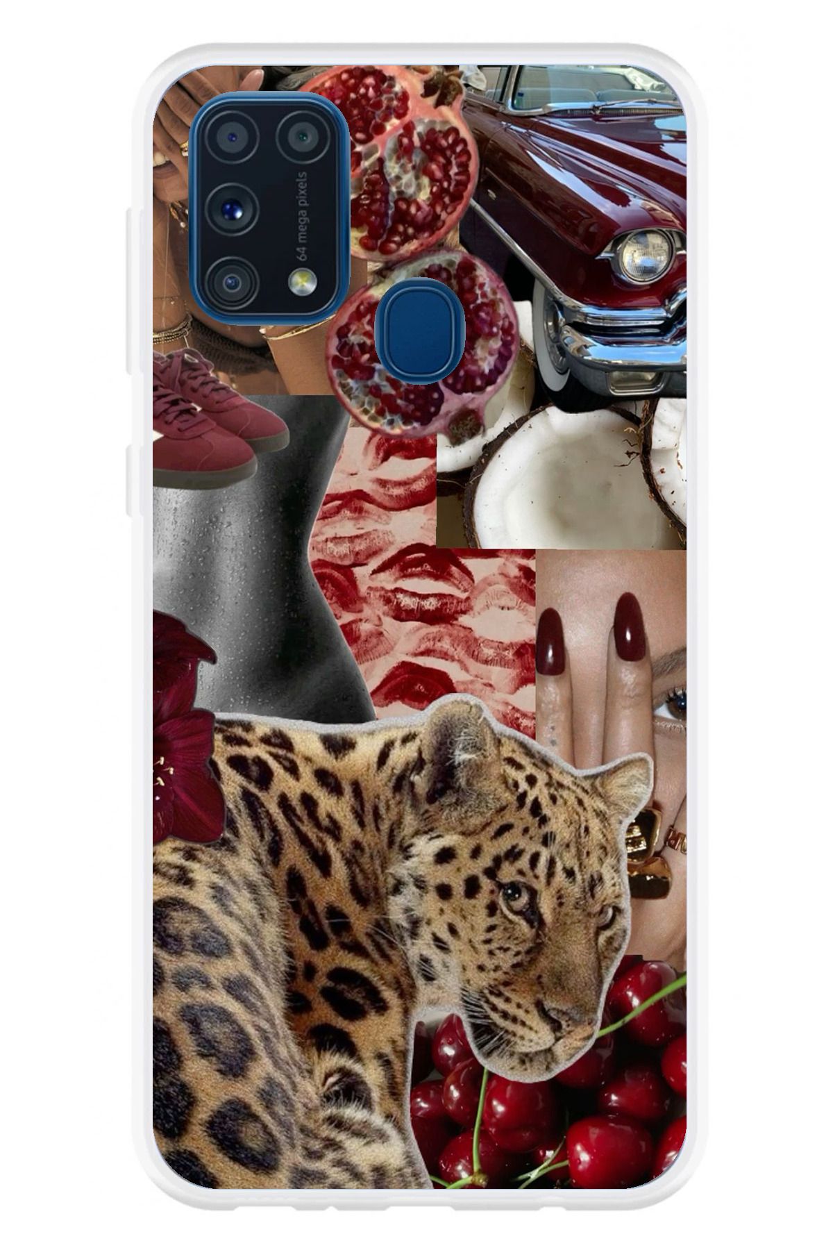 TechTree Samsung Galaxy M31 Uyumlu Leopar Kırmızı Vibes Şeffaf Silikon Kılıf