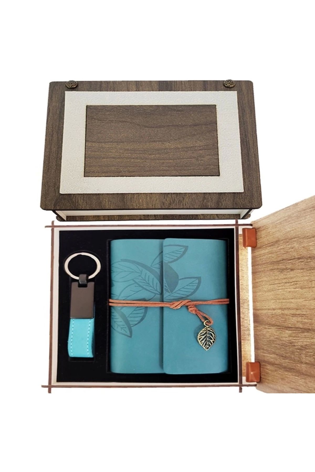 PRATİKOBA Özel Ahşap Kutulu Mavi Deri Defter Ve Anahtarlık Set