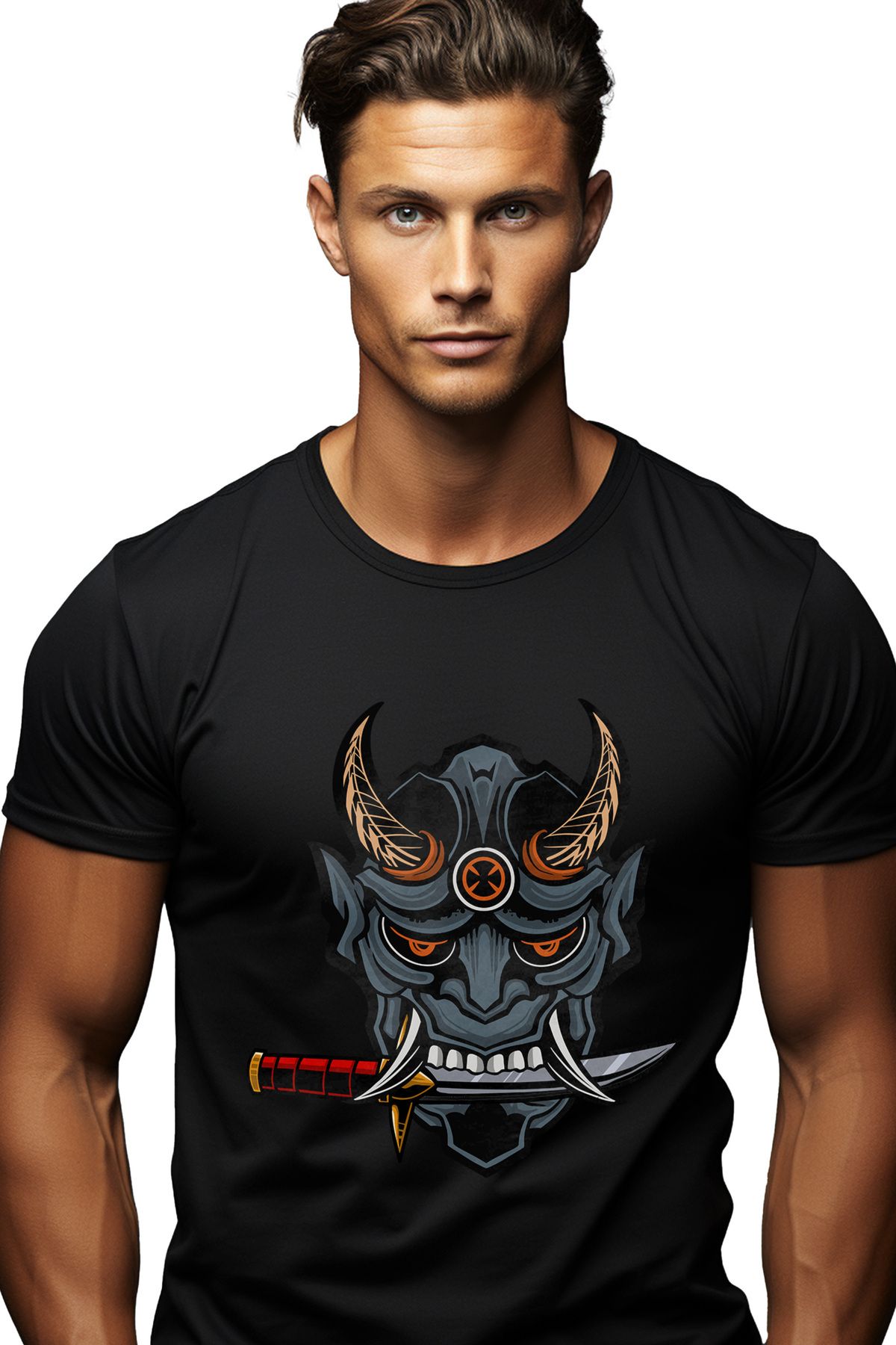 StoryGift Romania Tricou Bărbătesc Cu Mască, Oni, Demon, Pumnal, Cu Imprimeu Pe Față, 100% Bumbac, Negru, M Stg Masculin - XS