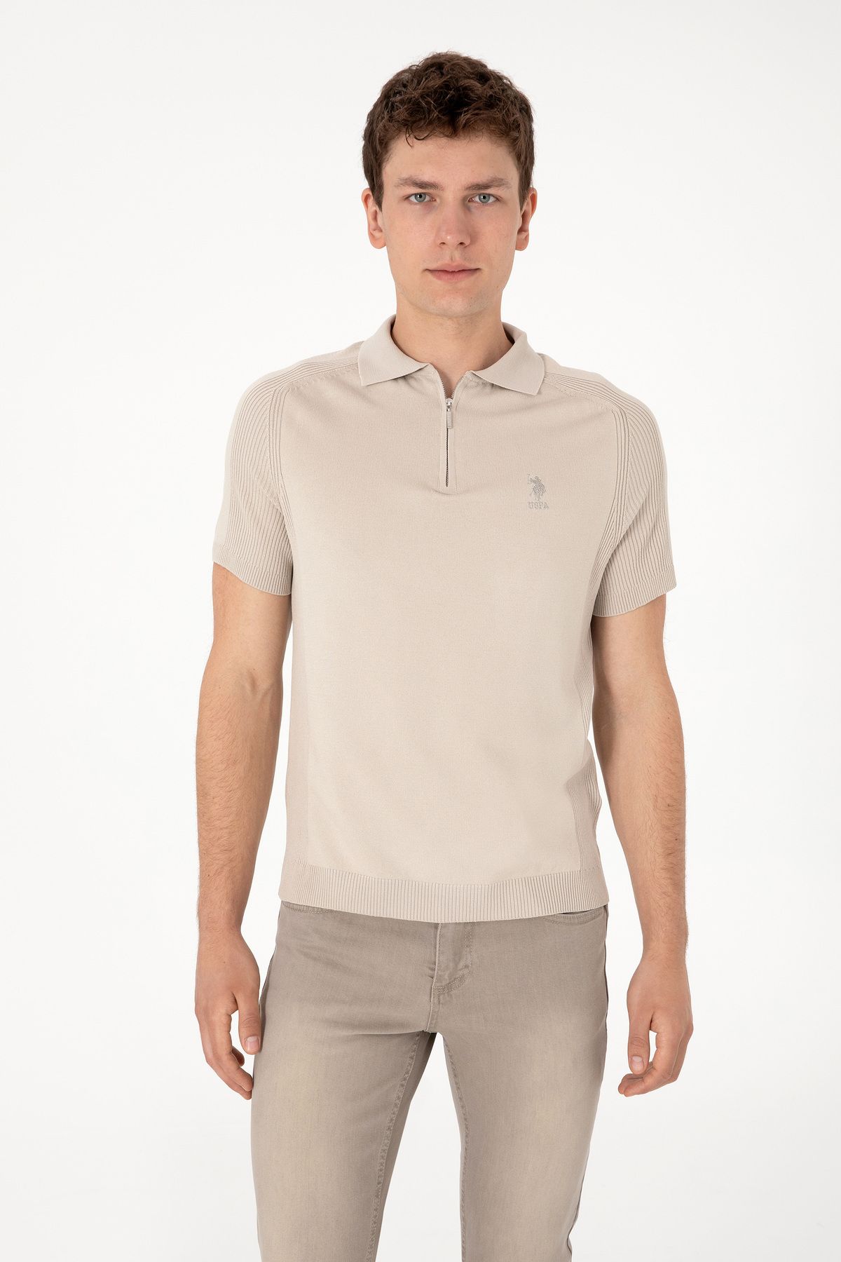 U.S. Polo Assn. Erkek Slim Fit Fermuarlı Taş Triko Tişört 50299365-vr049