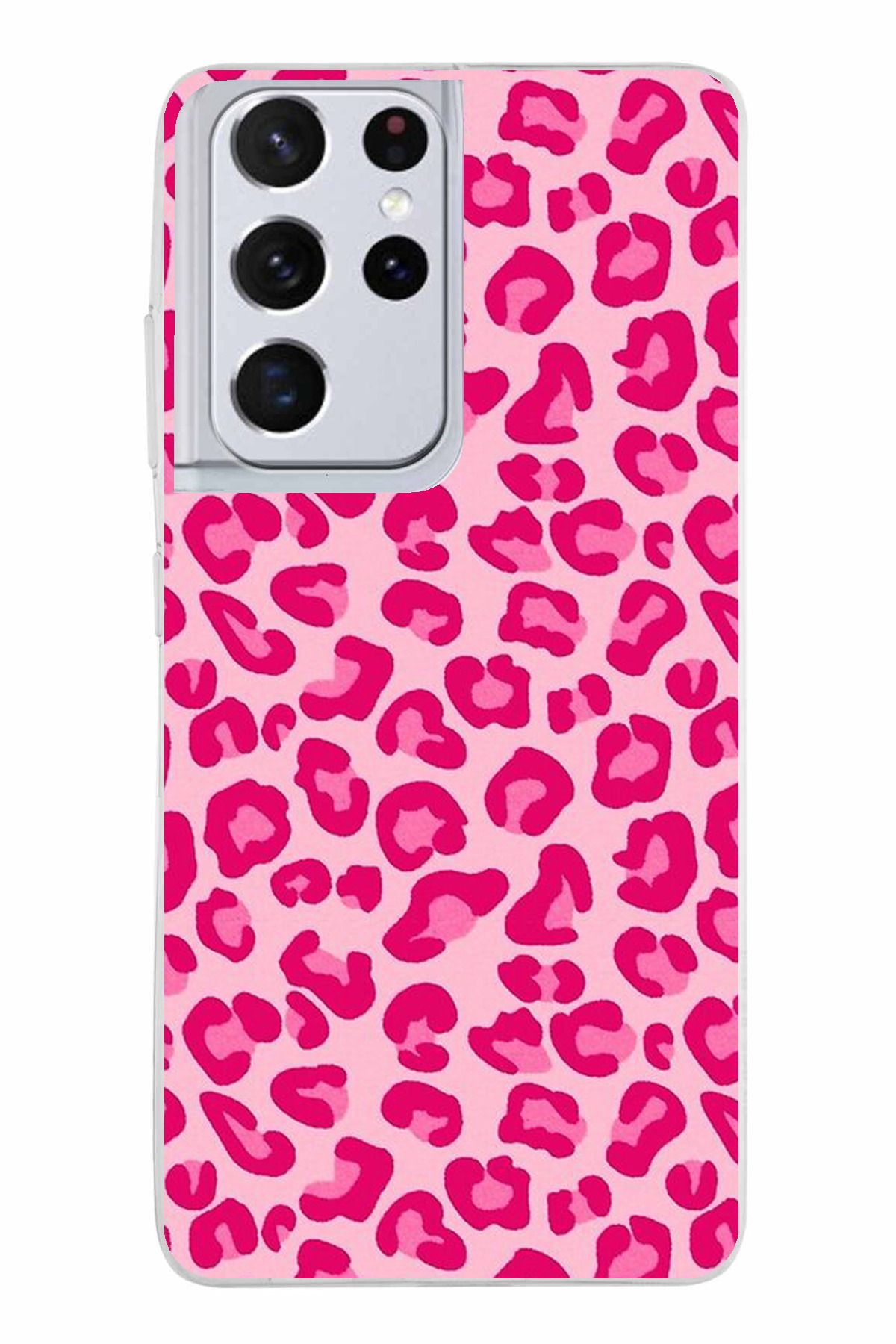 TechTree Samsung Galaxy S21 ULTRA Uyumlu Pembe Leopar Tasarımlı Şeffaf Silikon Kılıf