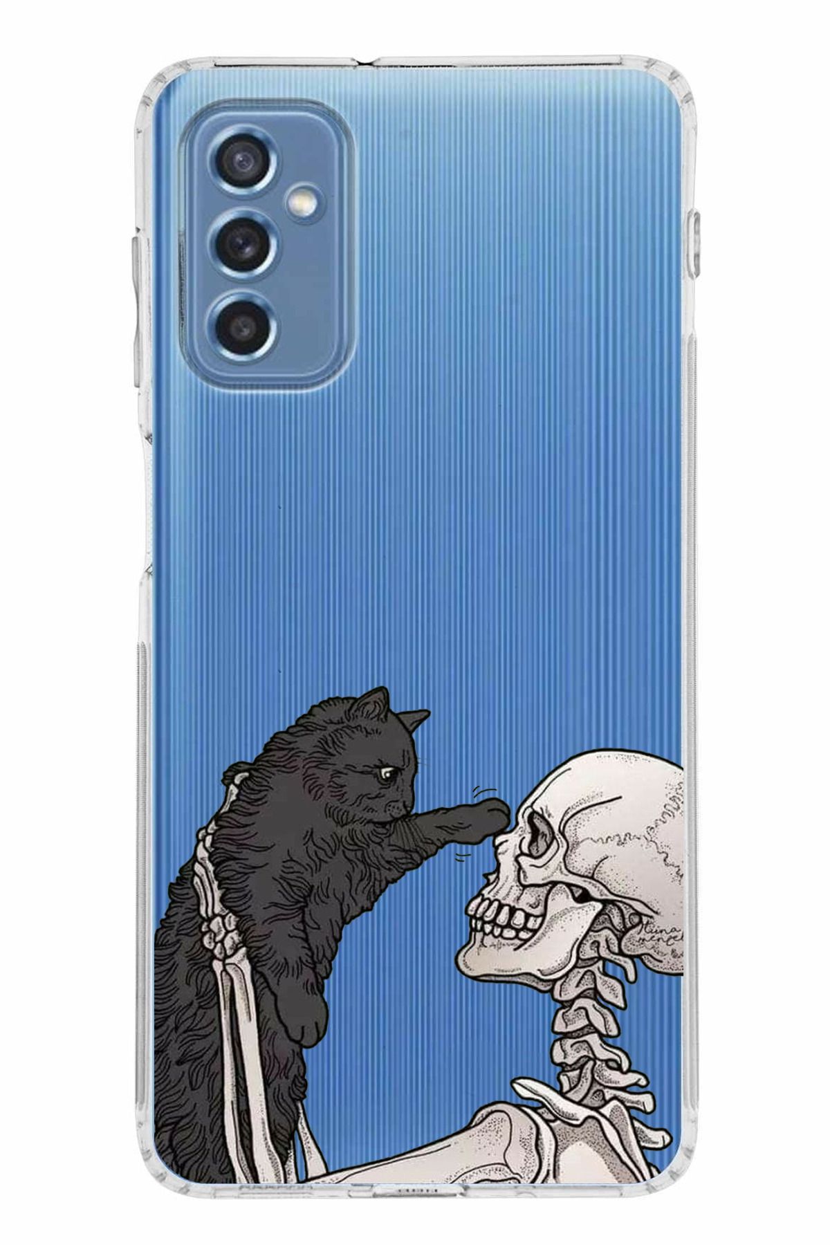 TechTree Samsung Galaxy M52 Uyumlu İskelet ve Kara Kedi Tasarımlı Şeffaf Silikon Kılıf