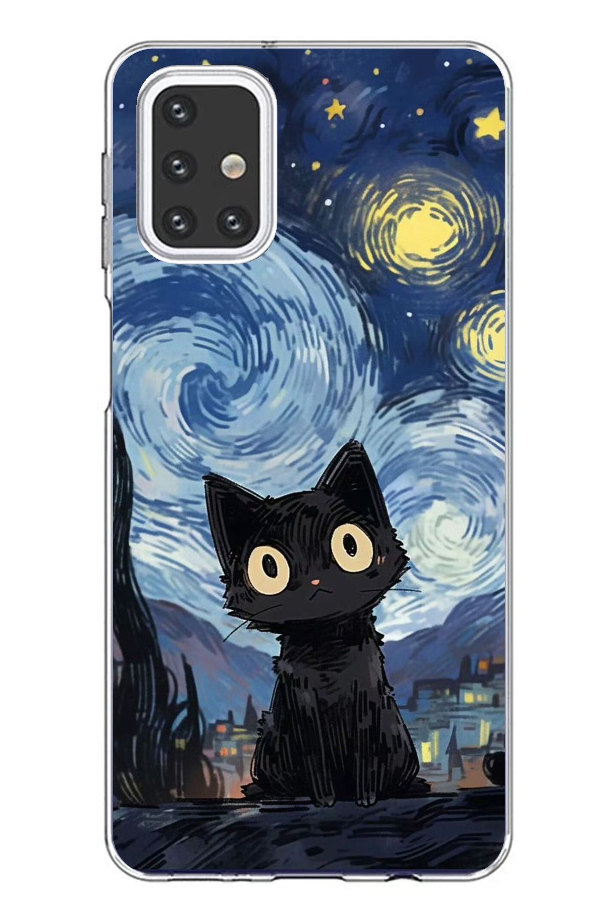 TechTree Samsung Galaxy M31S Uyumlu Gece Yarısı Kedi Tasarımlı Şeffaf Silikon Kılıf