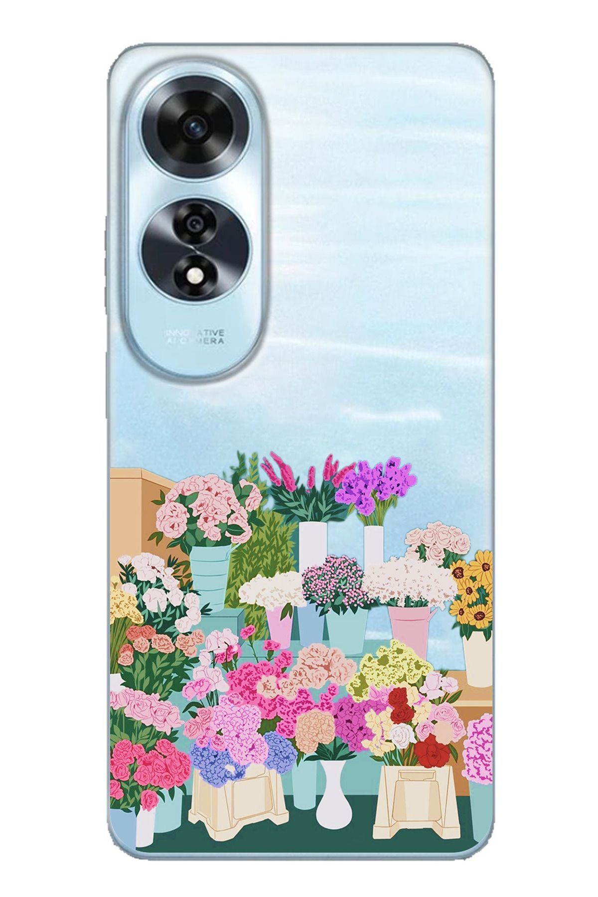 TechTree OPPO A60 Uyumlu Vazoda Çiçekler Tasarımlı Şeffaf Silikon Kılıf