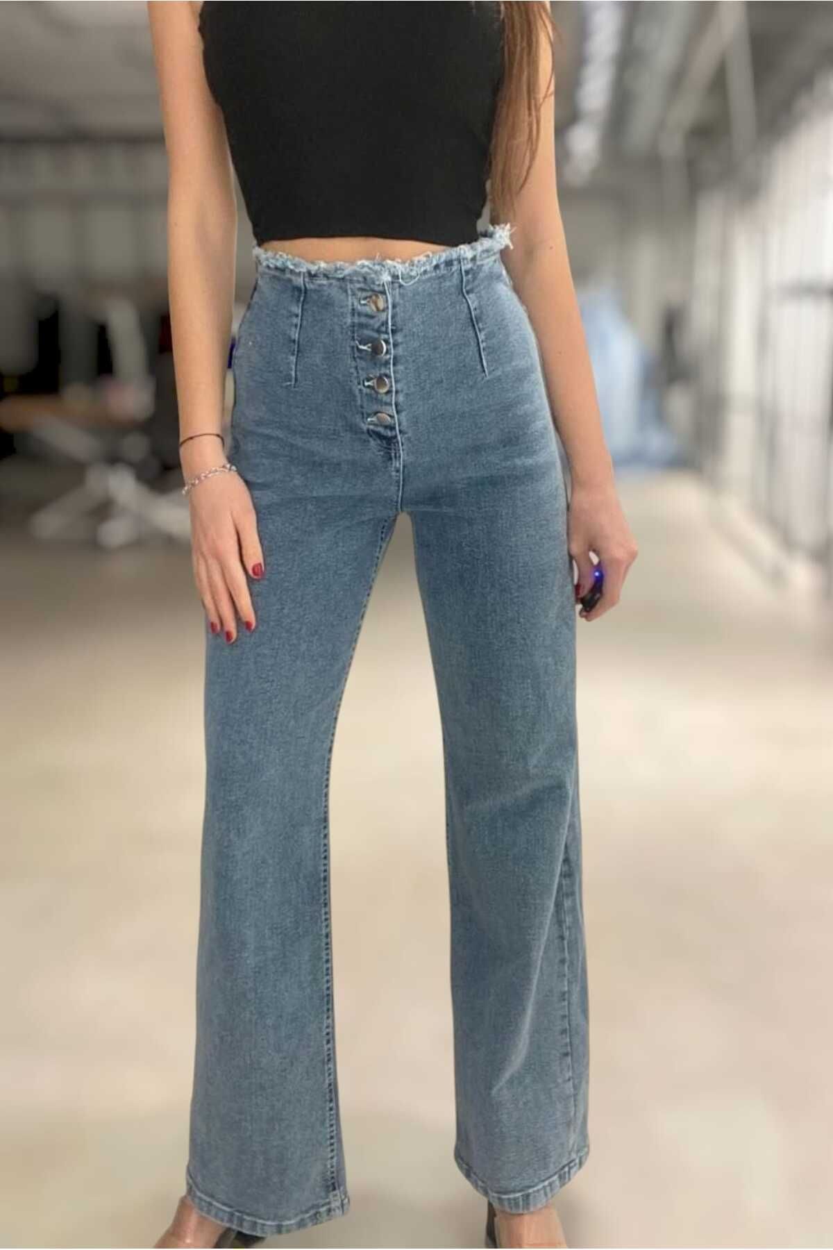 VivaJoy Kadın Bel Detaylı Düğmeli Straight Fıt Jeans