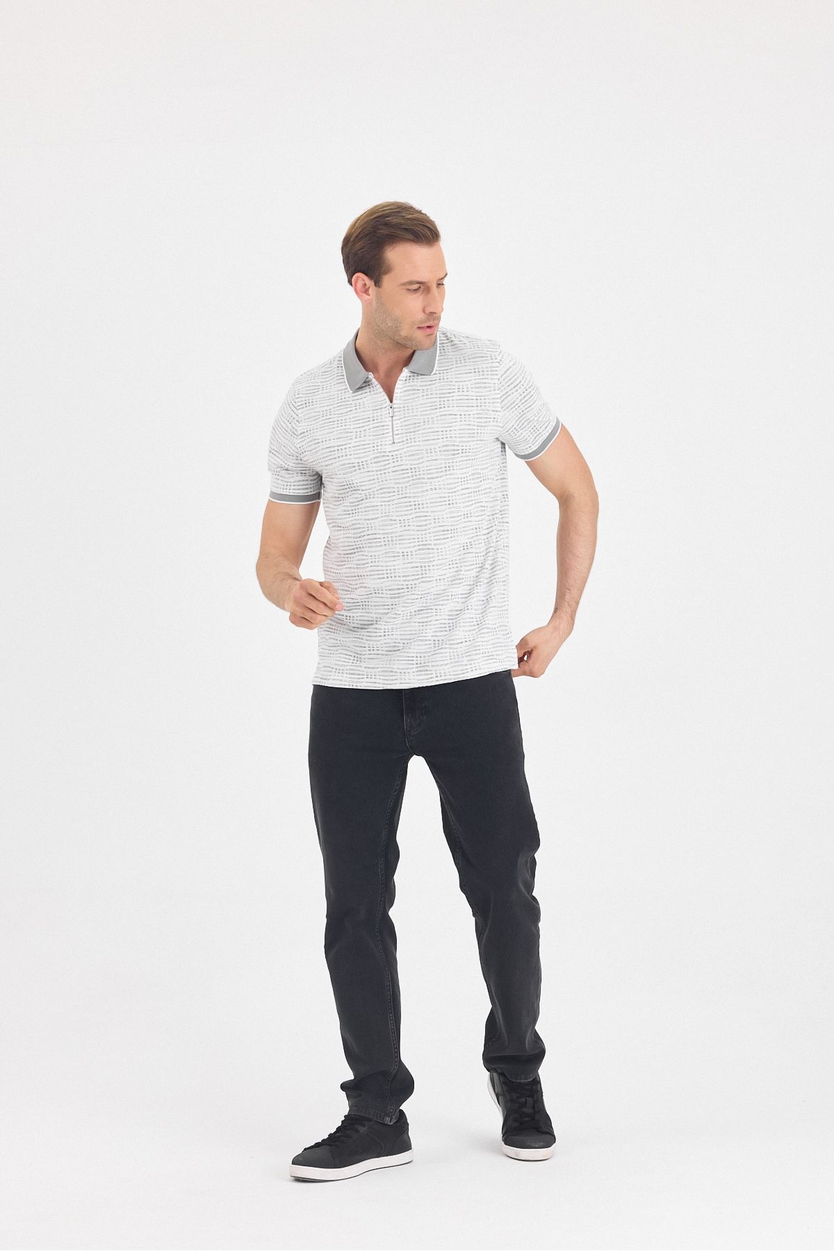 ENQUE Erkek Basic Fermuarlı Desenli Kıvrılmaz Polo Yaka Pamuklu Slim Fit Tişört