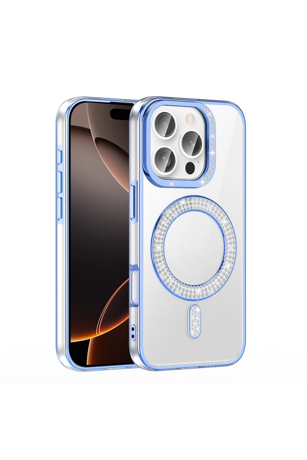 Strap U Apple iPhone 16 Pro Kılıf Pırlanta Taş Tasarımlı M-safe Şarj Özellikli Karetta Silikon Kapak