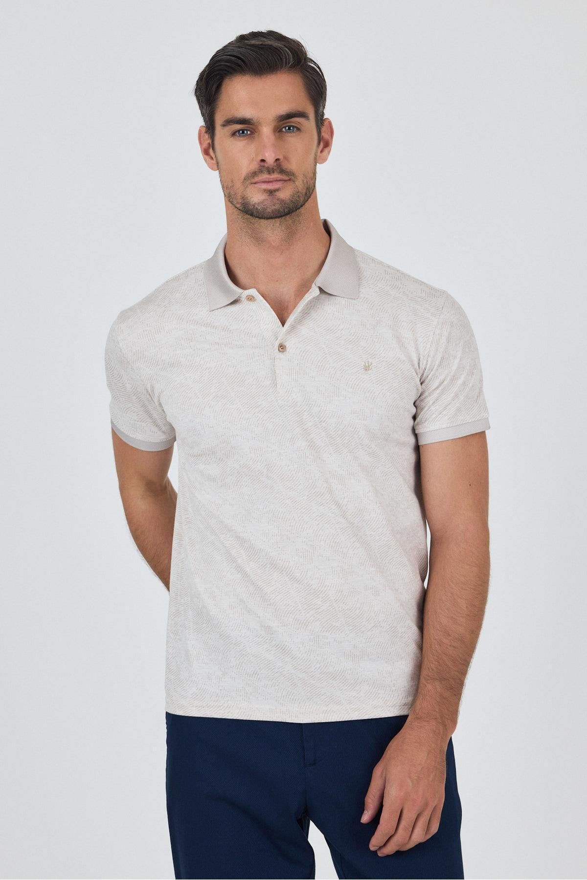 İmza Açık Bej Kısa Kol Baskılı Pike Polo Yaka Cepsiz esnek Casual Slim Fit Tişört 1011250152