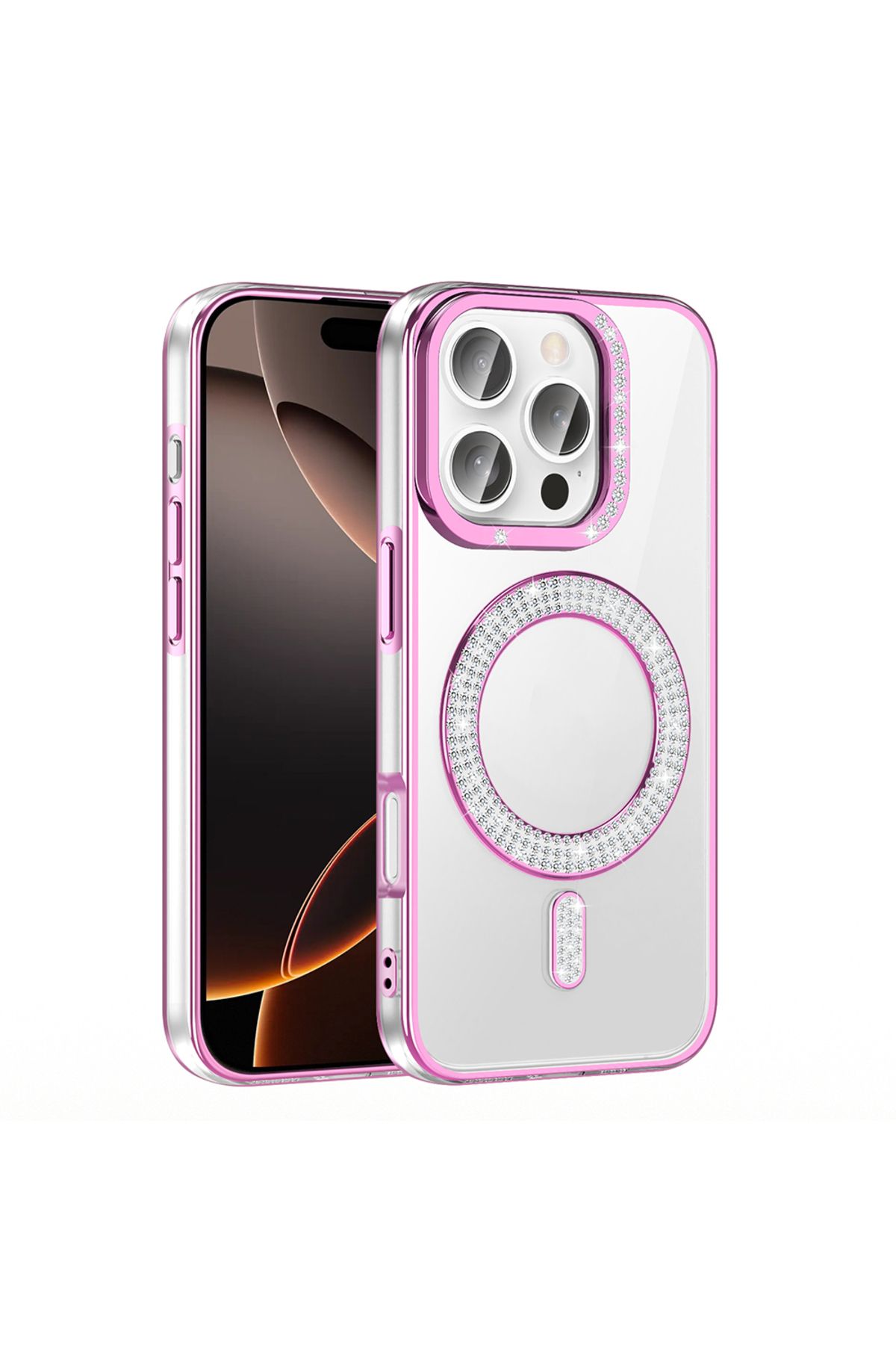 Strap U Apple iPhone 16 Pro Kılıf Pırlanta Taş Tasarımlı M-safe Şarj Özellikli Karetta Silikon Kapak