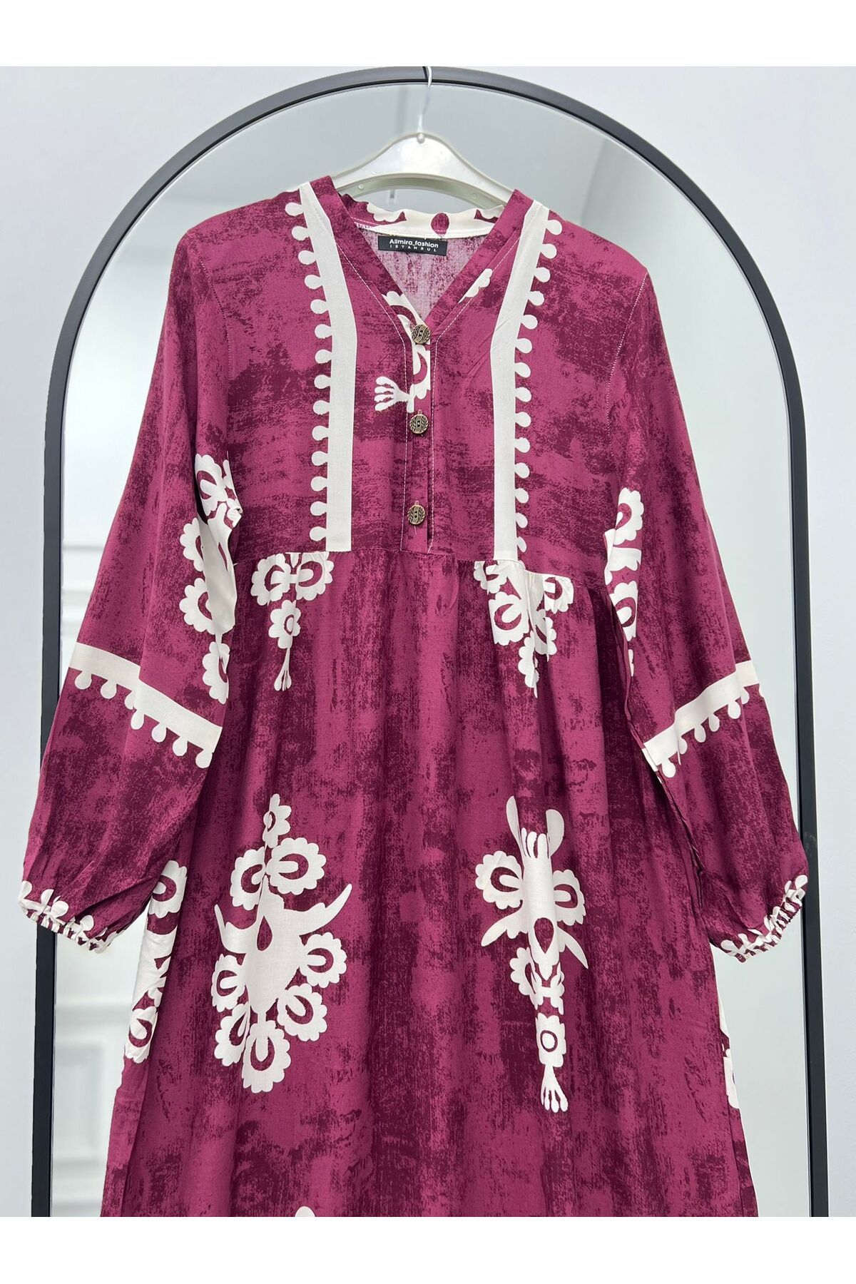 ALLMİRA FASHION Yazlık Viskon Uzun Elbise Bordo Beyaz Desenli
