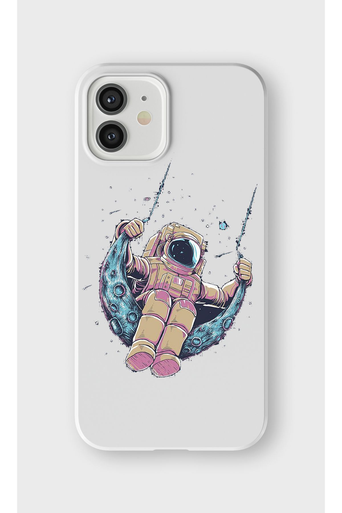 lelia iPhone 12 Uyumlu Astronot Tasarımlı İçi Kadife Lansman Beyaz Silikon Kılıf
