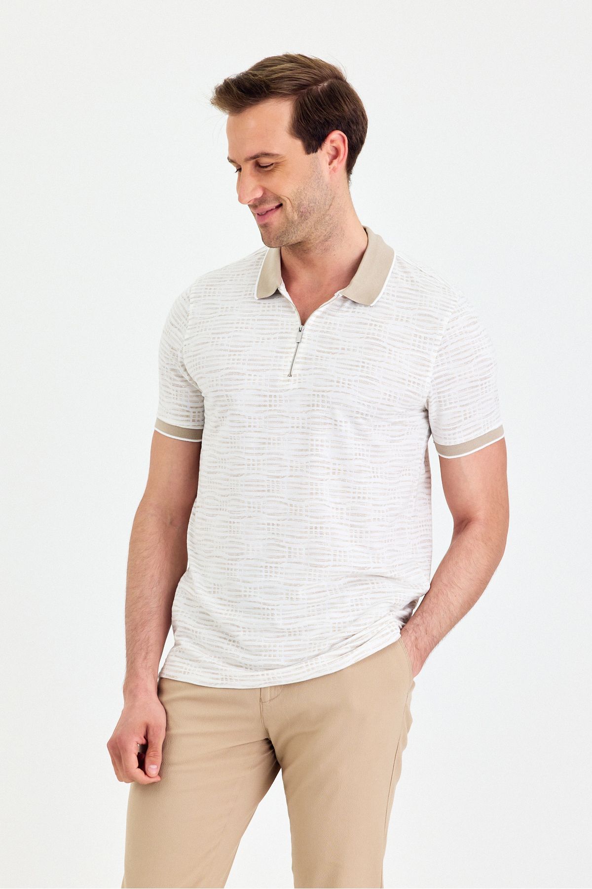 ENQUE Erkek Basic Fermuarlı Desenli Kıvrılmaz Polo Yaka Pamuklu Slim Fit Tişört