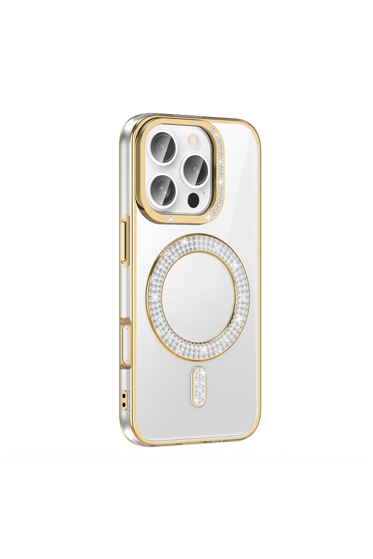 Strap U Apple iPhone 16 Pro Max Kılıf Pırlanta Taş Tasarımlı M-safe Şarj Özellikli Karetta Silikon Kapak