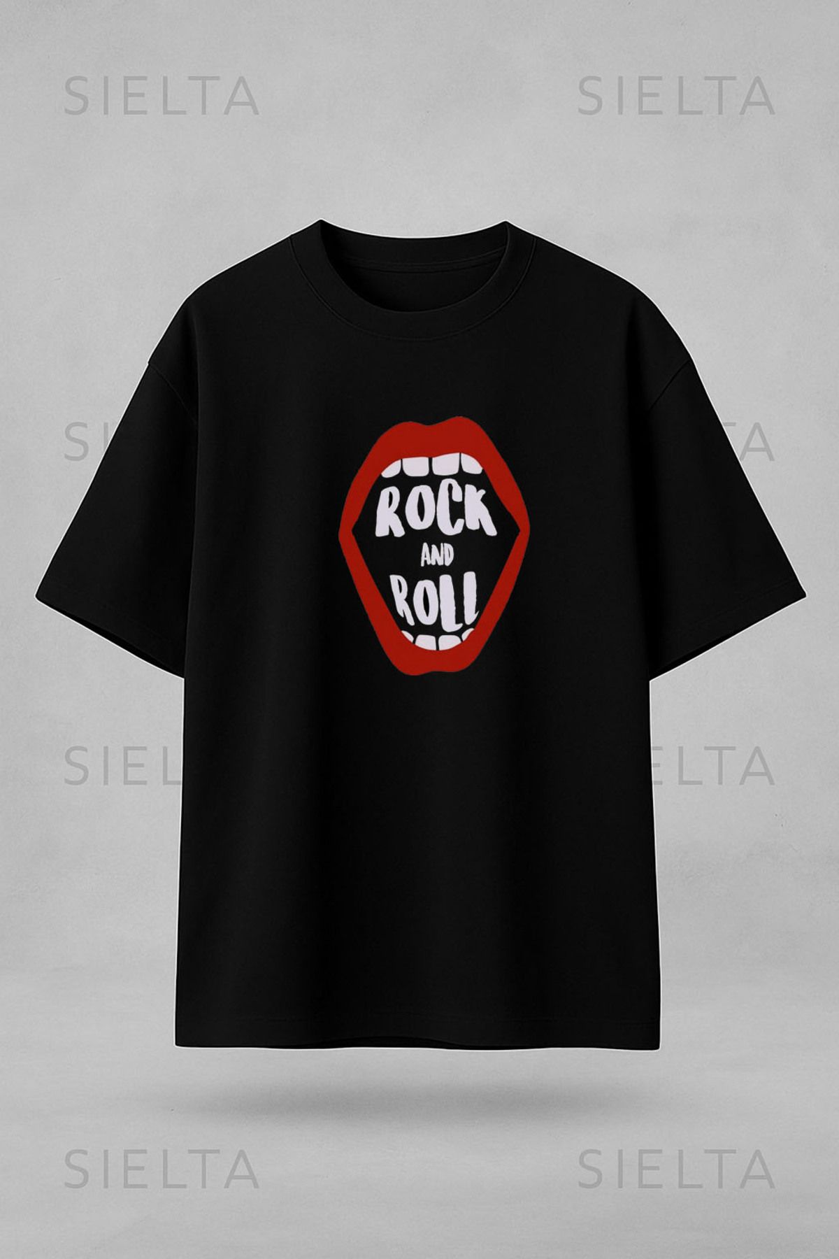 sielta Rock n Roll Baskılı Bisiklet Yaka Oversize Siyah Tişört T-shirt