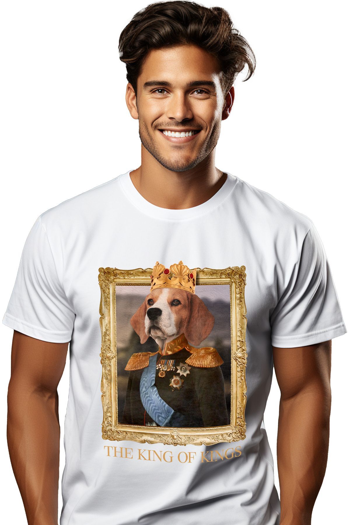 StoryGift Romania Tricou Barbati Cu Tablou Caine Rege In Costum Cu Medalii Si Coroana De Aur, Rama Tablou Destg Masculin - M