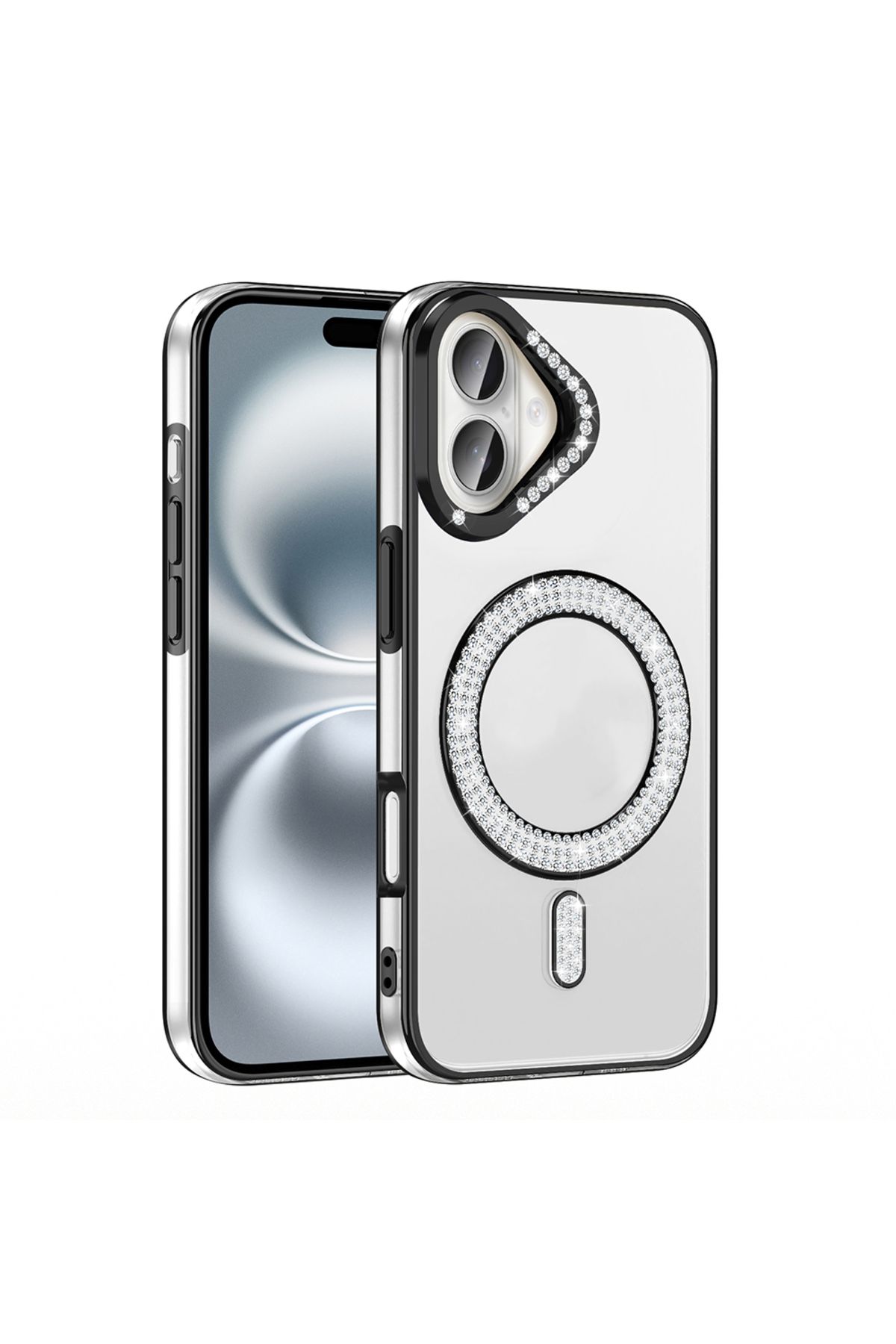 Strap U Apple iPhone 16 Kılıf Pırlanta Taş Tasarımlı M-safe Şarj Özellikli Karetta Silikon Kapak