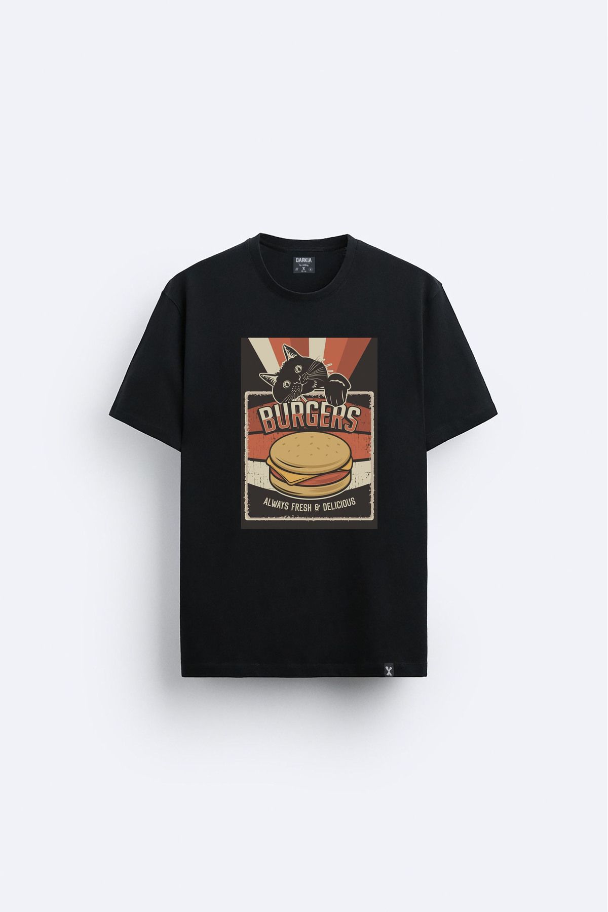 Darkia Hamburger Kedi Baskılı Bisiklet Yaka Siyah Tişört T-shirt