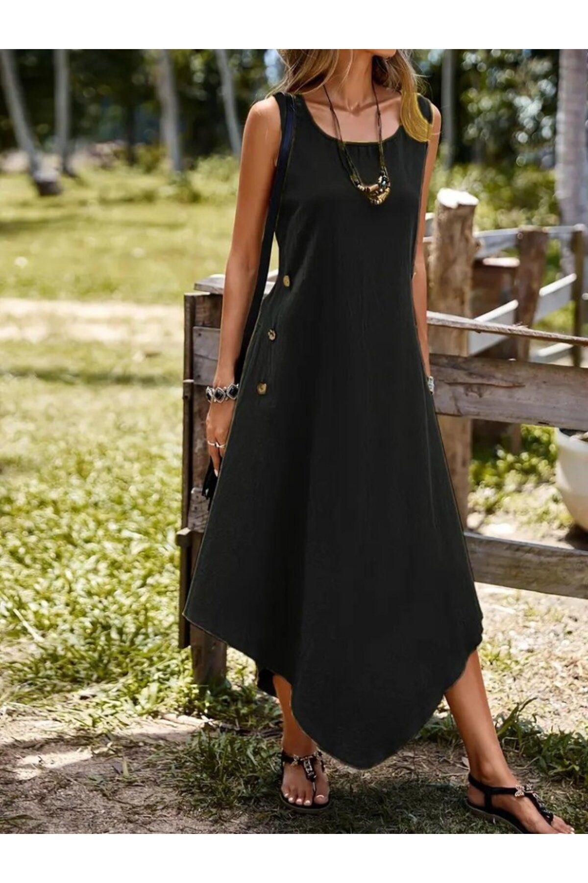 velmorafashion Kadın Askılı Yuvarlak Yaka Düğmeli Asimetrik Kesim Detaylı Ithal Keten Elbise