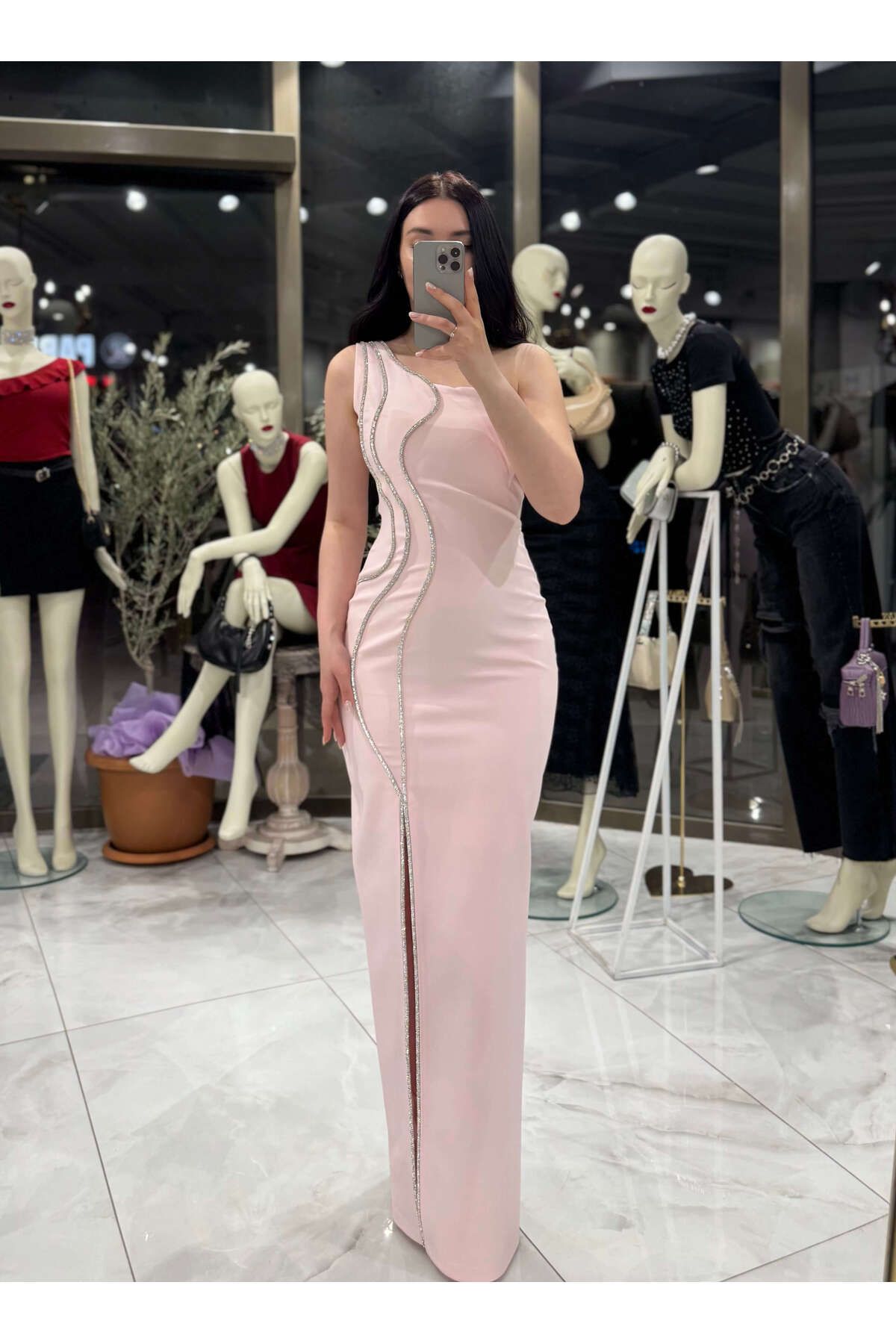 missswans Ayana Tek Omuz Taş Dalgalı Detay Önü yırtmaçlı Midi Boy Abiye Elbise Toz Pembe