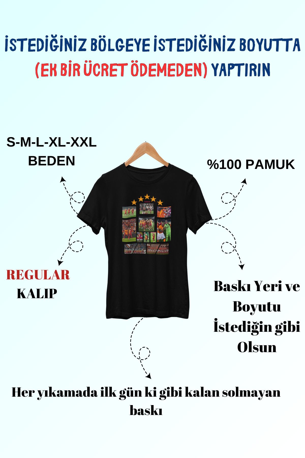 Tshirto 5 Yıldız Şampiyonluk Kolaj Tasarım Baskılı %100 Pamuk Bisiklet Yaka Regular T-shirt