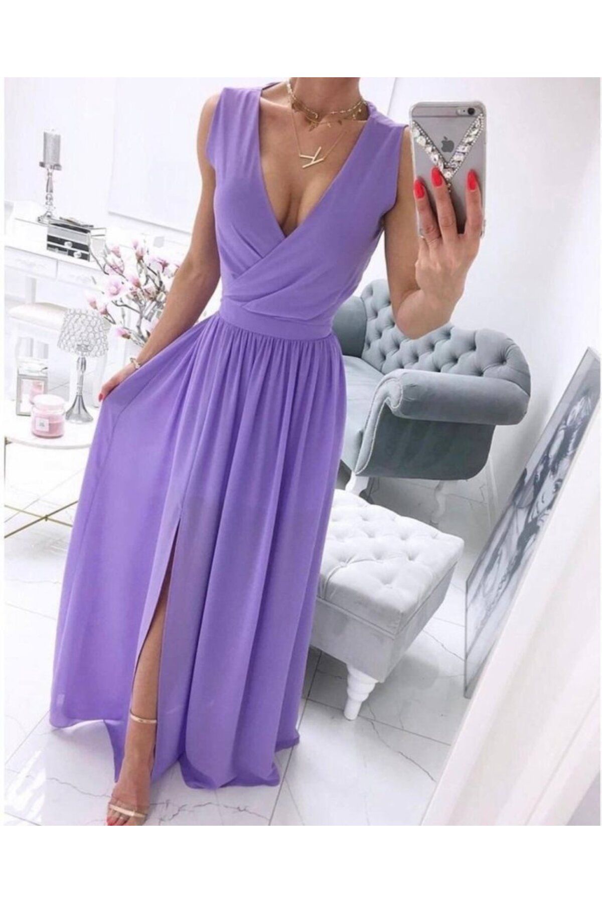 velmorafashion Kadın şifon Kumaş V Yaka Sıfır Kol Maxi Boy Elbise