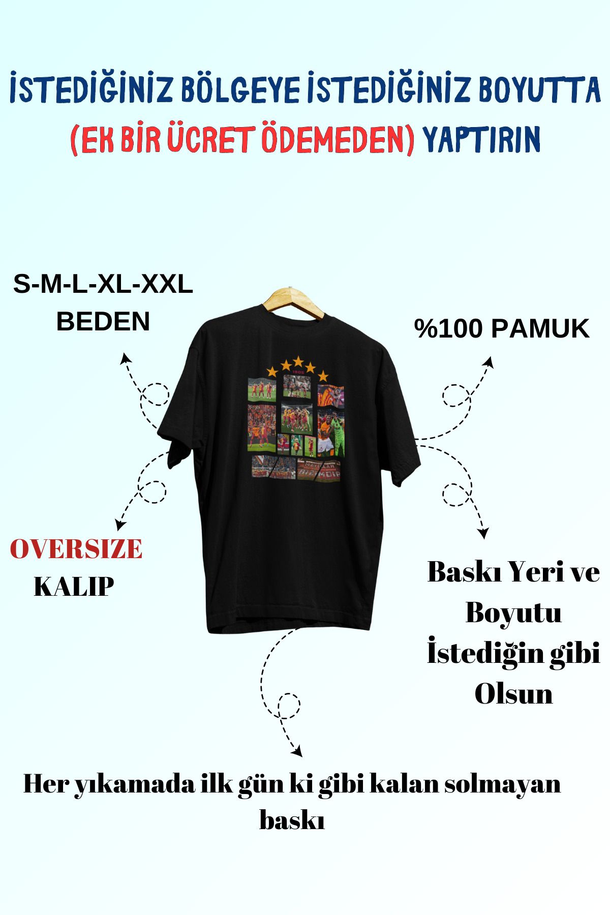 Tshirto 5 Yıldız Şampiyonluk Kolaj Tasarım Baskılı %100 Pamuk Bisiklet Yaka Oversize T-shirt