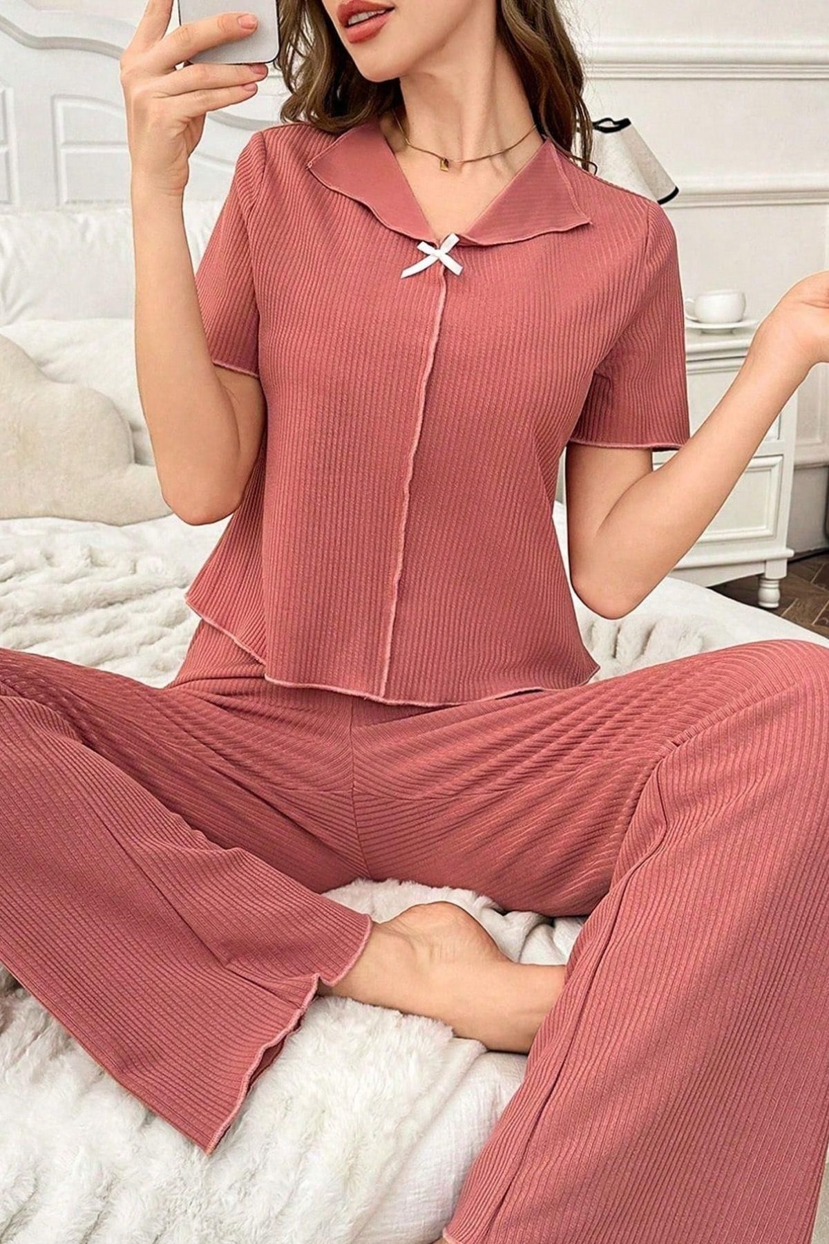 velmorafashion Gül Kurusu Pamuklu Kısa Kollu Pijama Takımı 7155