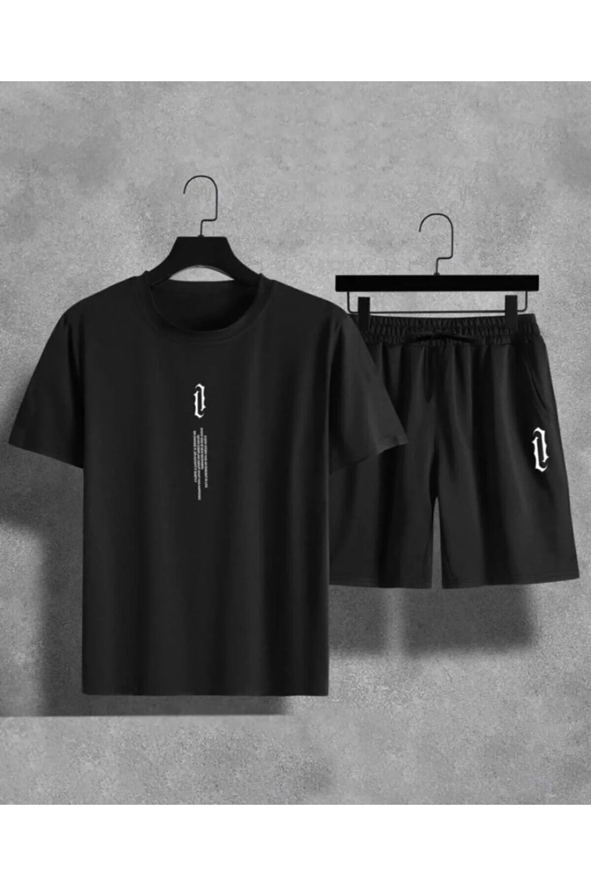 Marclaw Unisex Siyah Göğüs Dikey Baskılı Alt Üst Şortşort T-shirt Takım