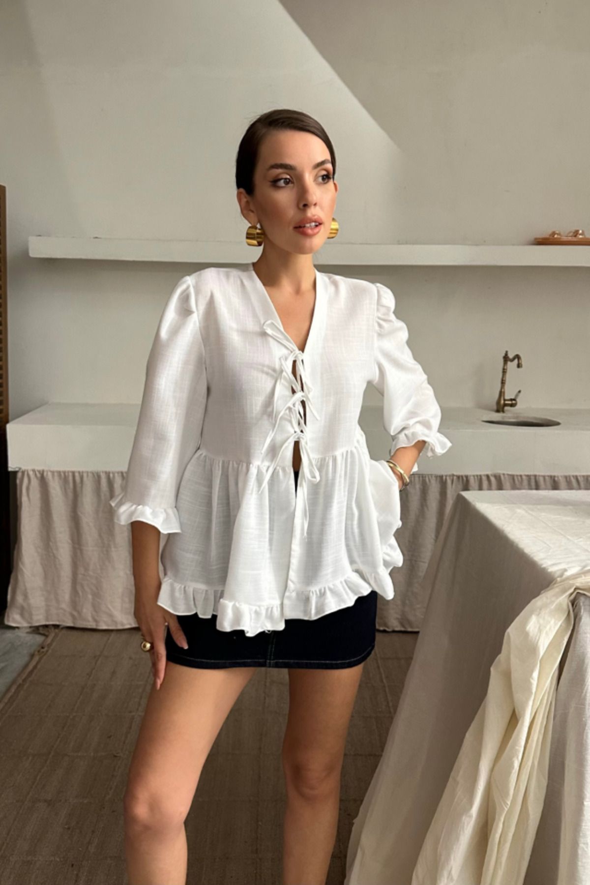 velmorafashion KETEN BLUZ ÖNDEN BAĞLAMALI FIRFIR DETAYLI - Beyaz