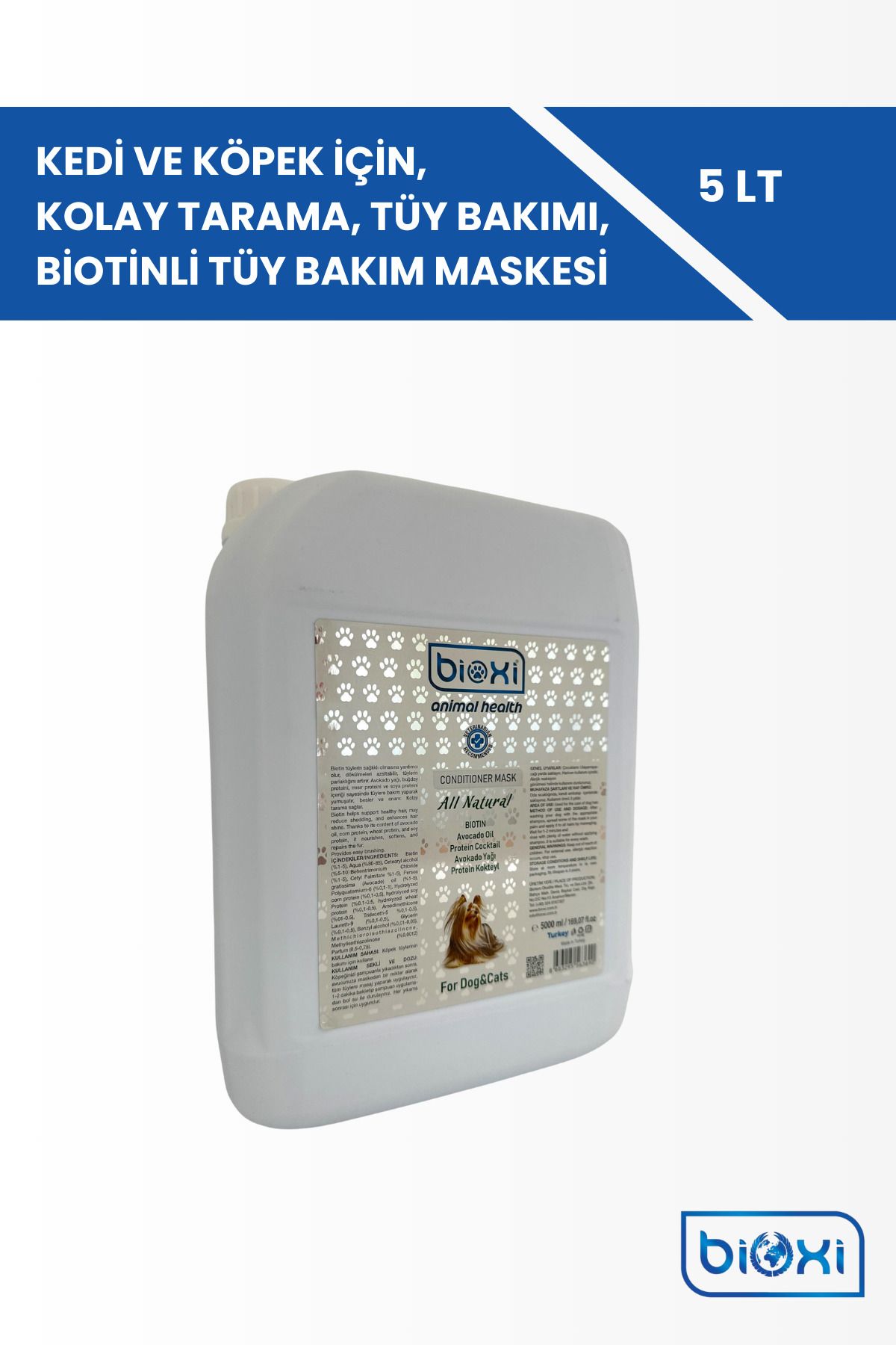 Bioxi Kedi ve Köpek İçin, Kolay Tarama, Tüy Bakımı, Biotinli Tüy Bakım Maskesi 5 Lt