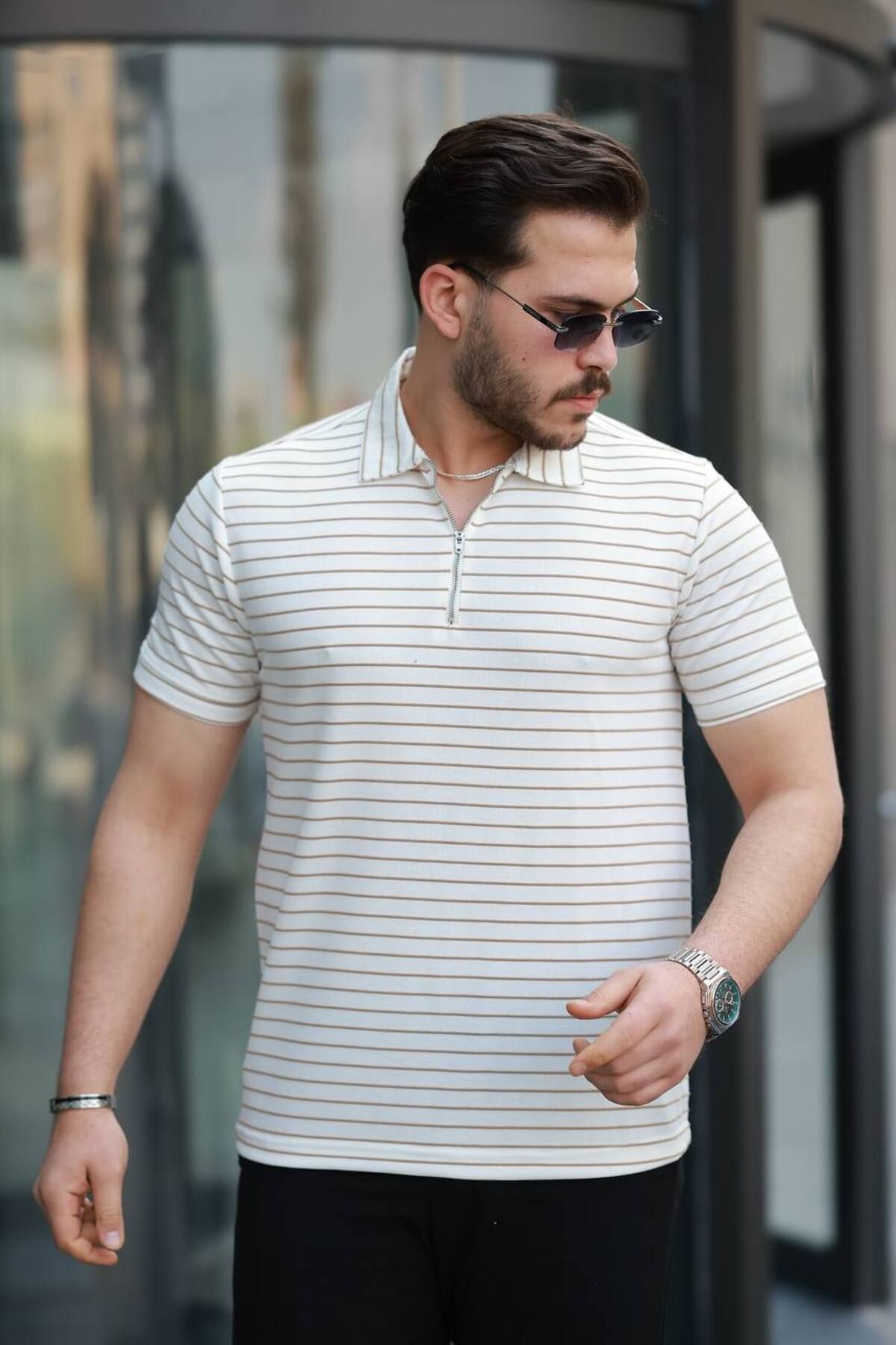 ROBERTO BORNOVA Yatay Çizgili Fermuarlı Polo Yaka Tshirt