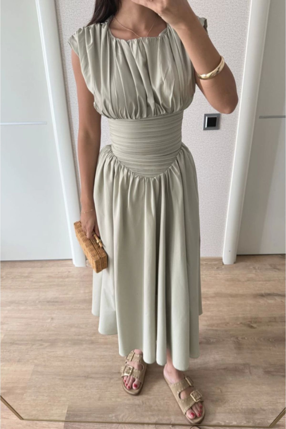 velmorafashion Kolsuz Bel Detaylı Yazlık Poplin Kumaş Uzun Elbise - Yeşil