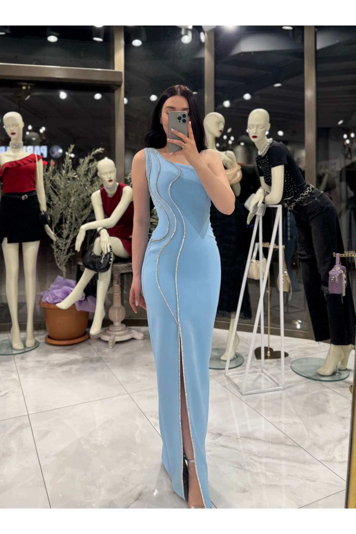 missswans Ayana Tek Omuz Taş Dalgalı Detay Önü yırtmaçlı Midi Boy Abiye Elbise Bebe mavi
