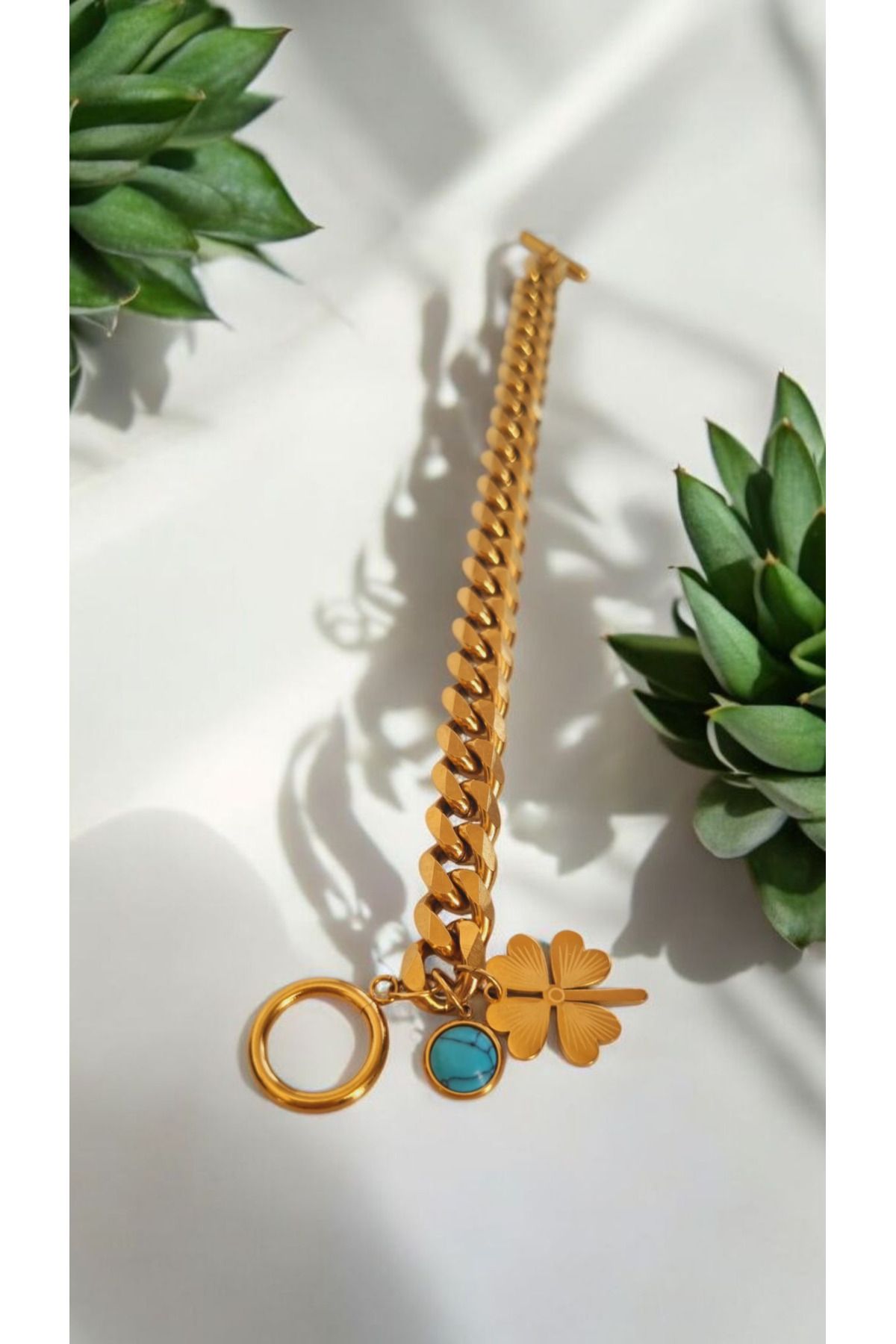 İNİTİUM PAslanmaz Çelik Örgü Model Yoncalı Gold Bileklik