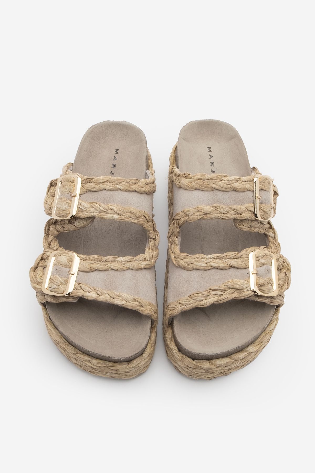 Marjin-Women's Genuine Leather Thick Straw Sole Double Banded Braided Daily Slippers Barno Beige Suede 5