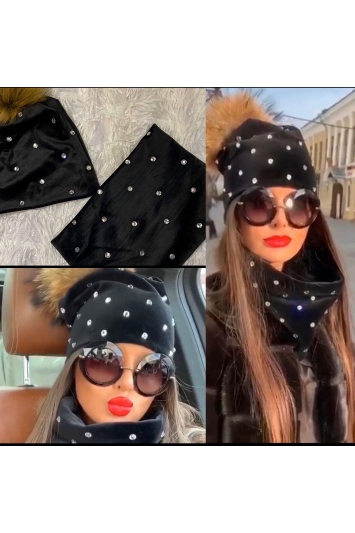 velmorafashion Kadın Taş Detay Boyunluk Ve Bere Takım